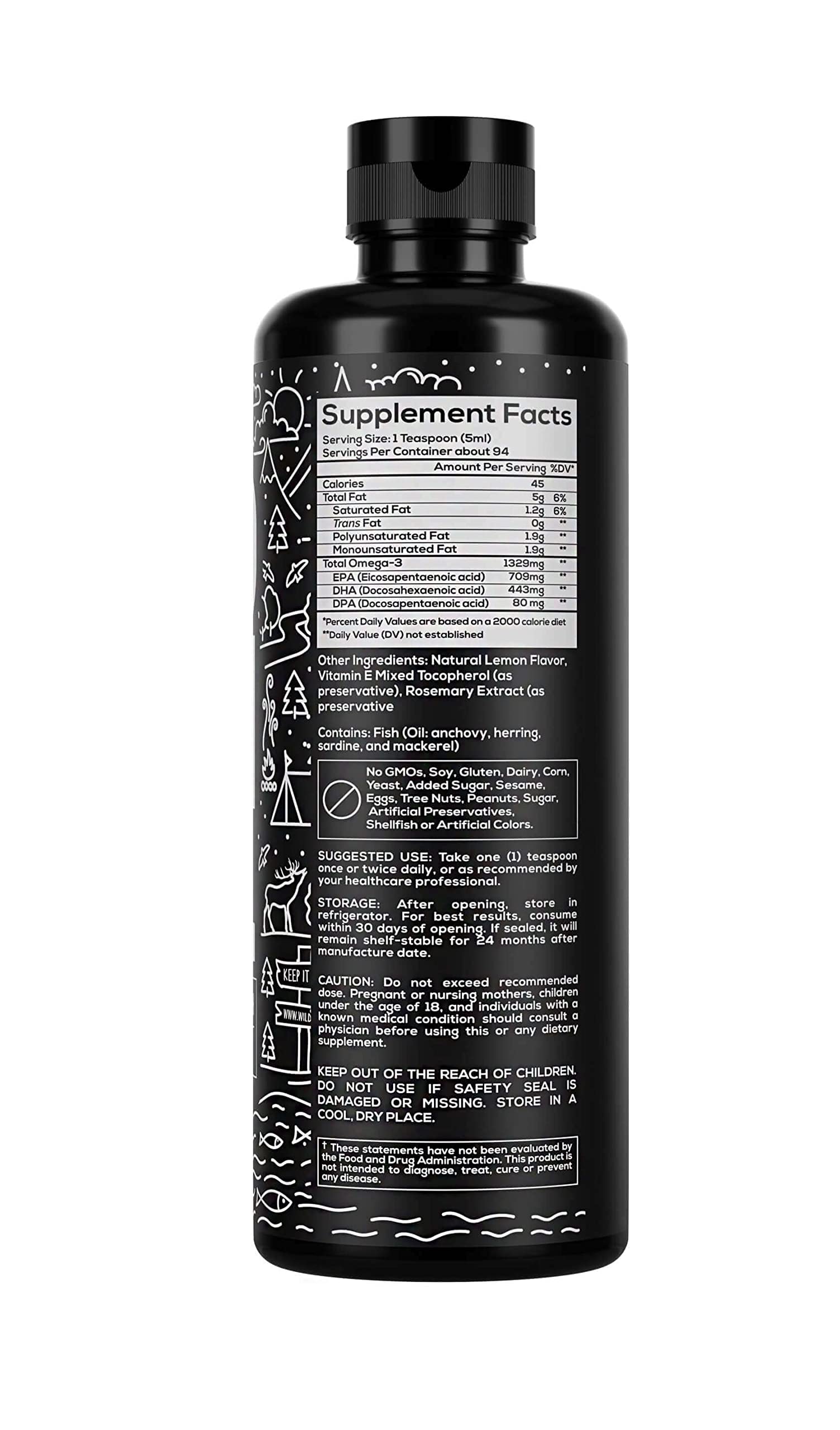 Wild Foods Liquid Omega-3 Fish Oil – Lemon, 16 oz | Burpless, Odorless, DPA + EPA + DHA Triple Strength