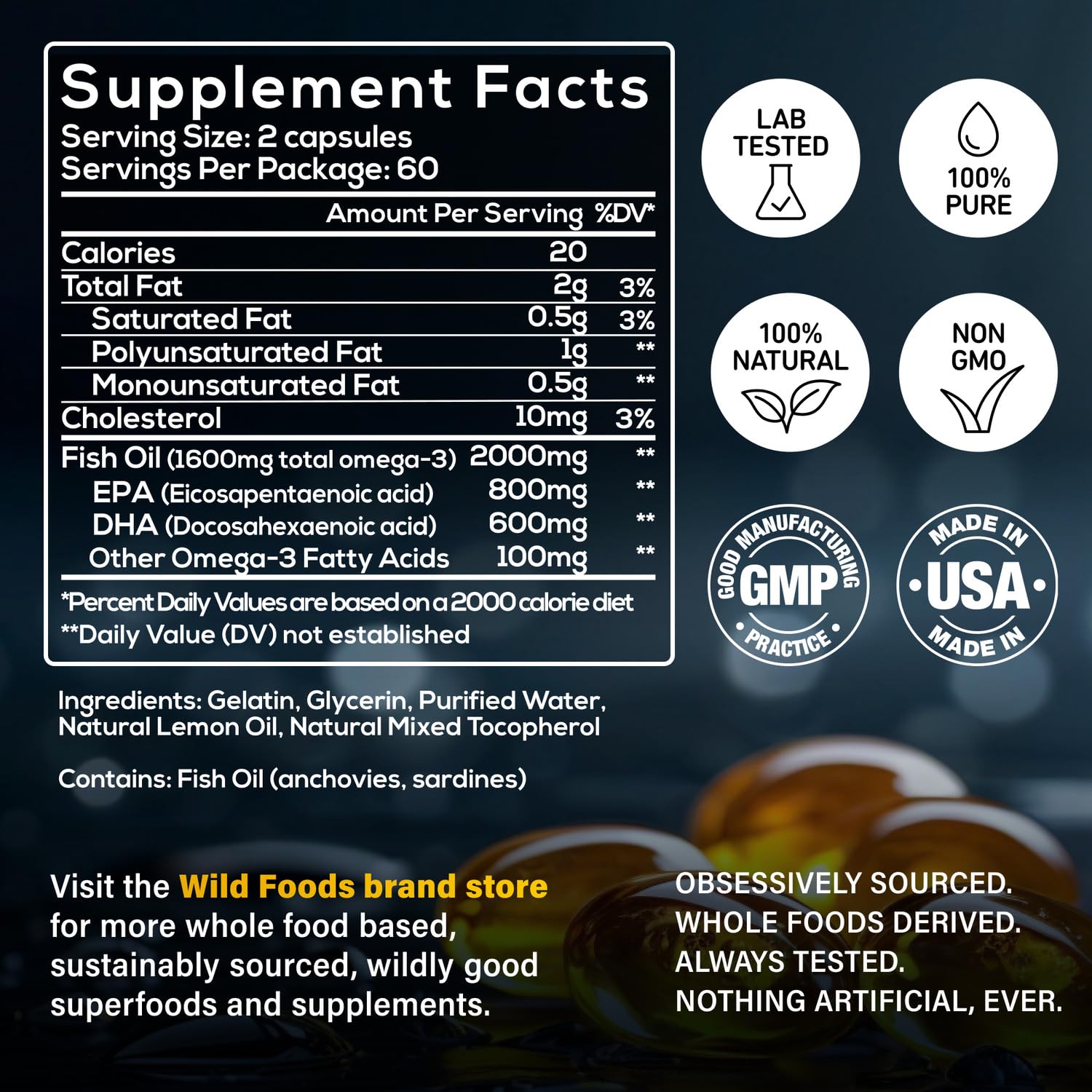 Wild Foods Omega-3 Fish Oil Supplement 120 Capsules (2 pk) – Burpless, Odorless, Non-GMO | DPA, DHA, EPA Triple Strength