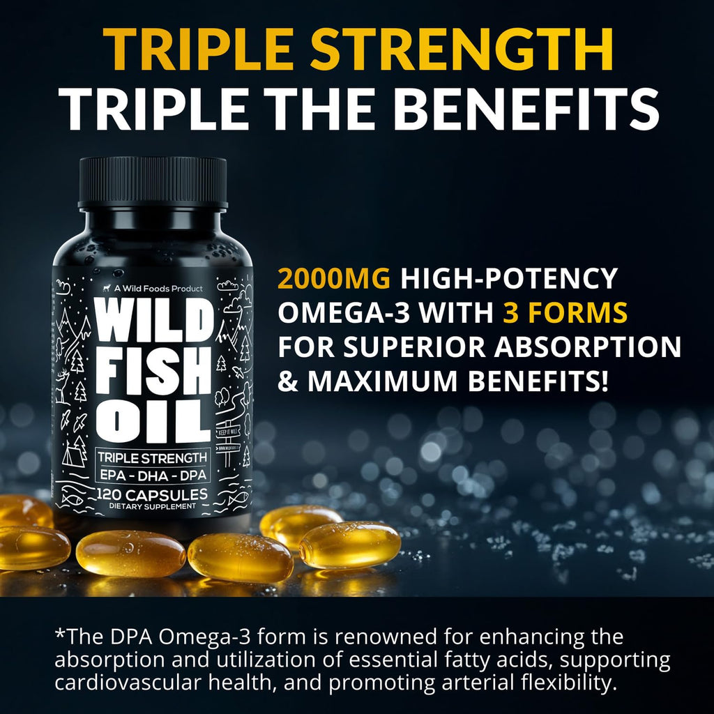 Wild Foods Omega-3 Fish Oil Supplement 120 Capsules (2 pk) – Burpless, Odorless, Non-GMO | DPA, DHA, EPA Triple Strength