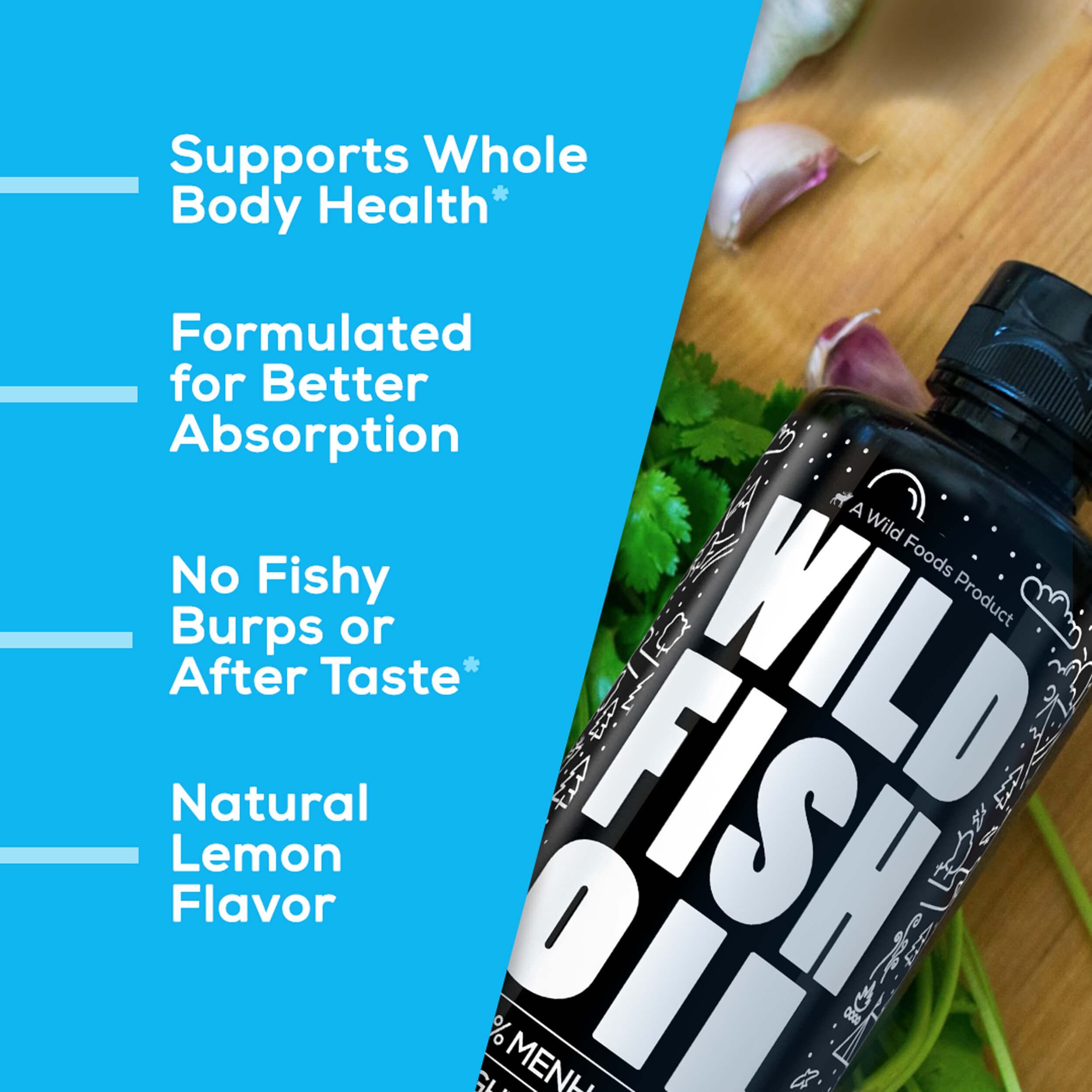 Wild Foods Liquid Omega-3 Fish Oil – Lemon, 16 oz | Burpless, Odorless, DPA + EPA + DHA Triple Strength