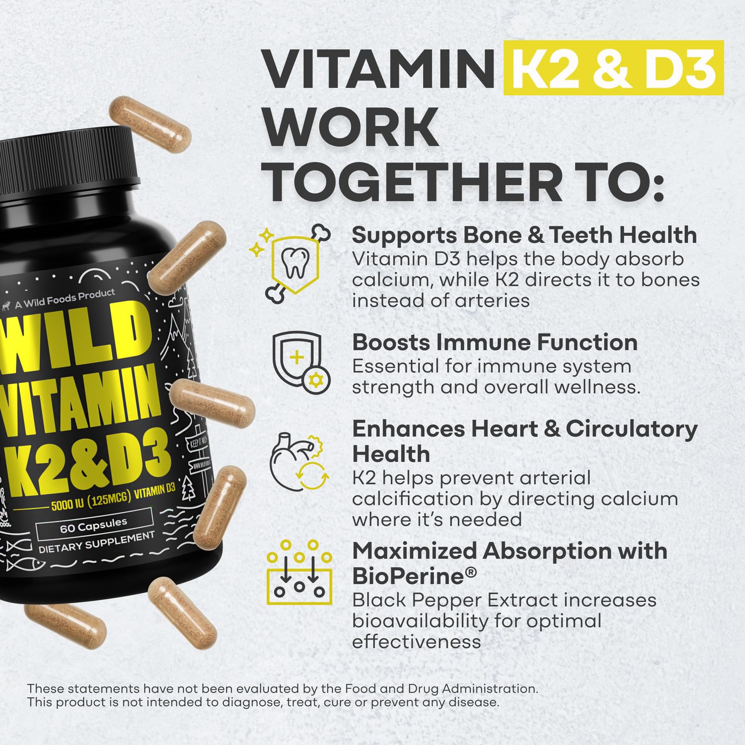 Wild Foods 5000 IU Vitamin D3 + K2 MK-7 | Plant-Based, Non-GMO