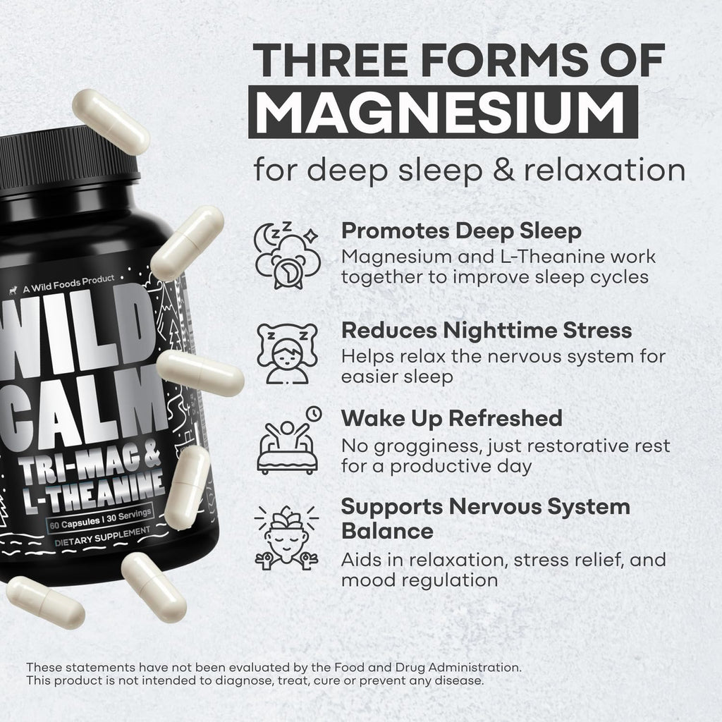 Wild Foods Tri-Mag & L-Theanine – Triple Magnesium Complex for Sleep & Relaxation | 60 Veg Capsules