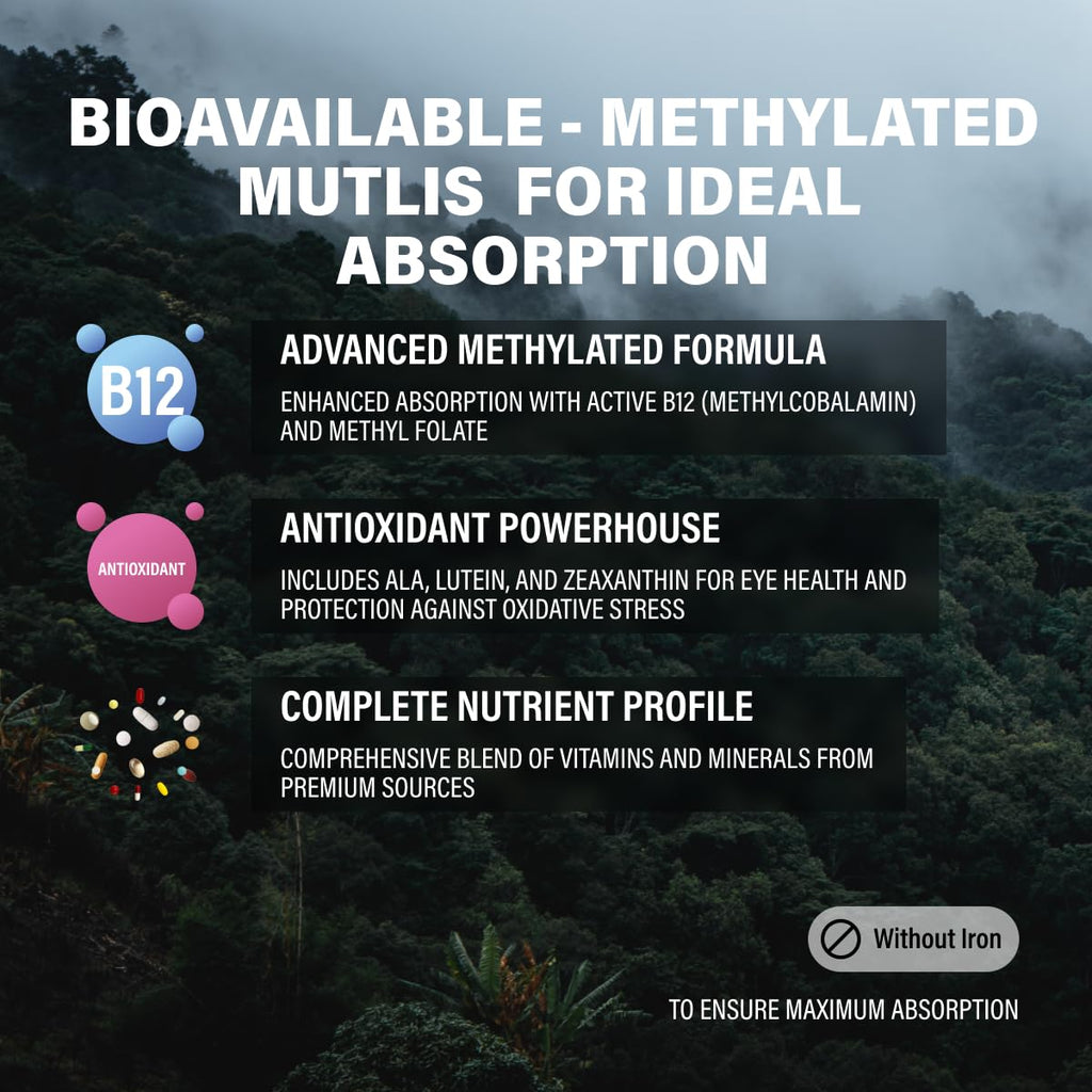 Wild Foods Methylated Multivitamin for Men & Women - Iron-Free Daily Multi with Methyl B12, Folate, A, D, K2, CoQ10 (Pack of Two)