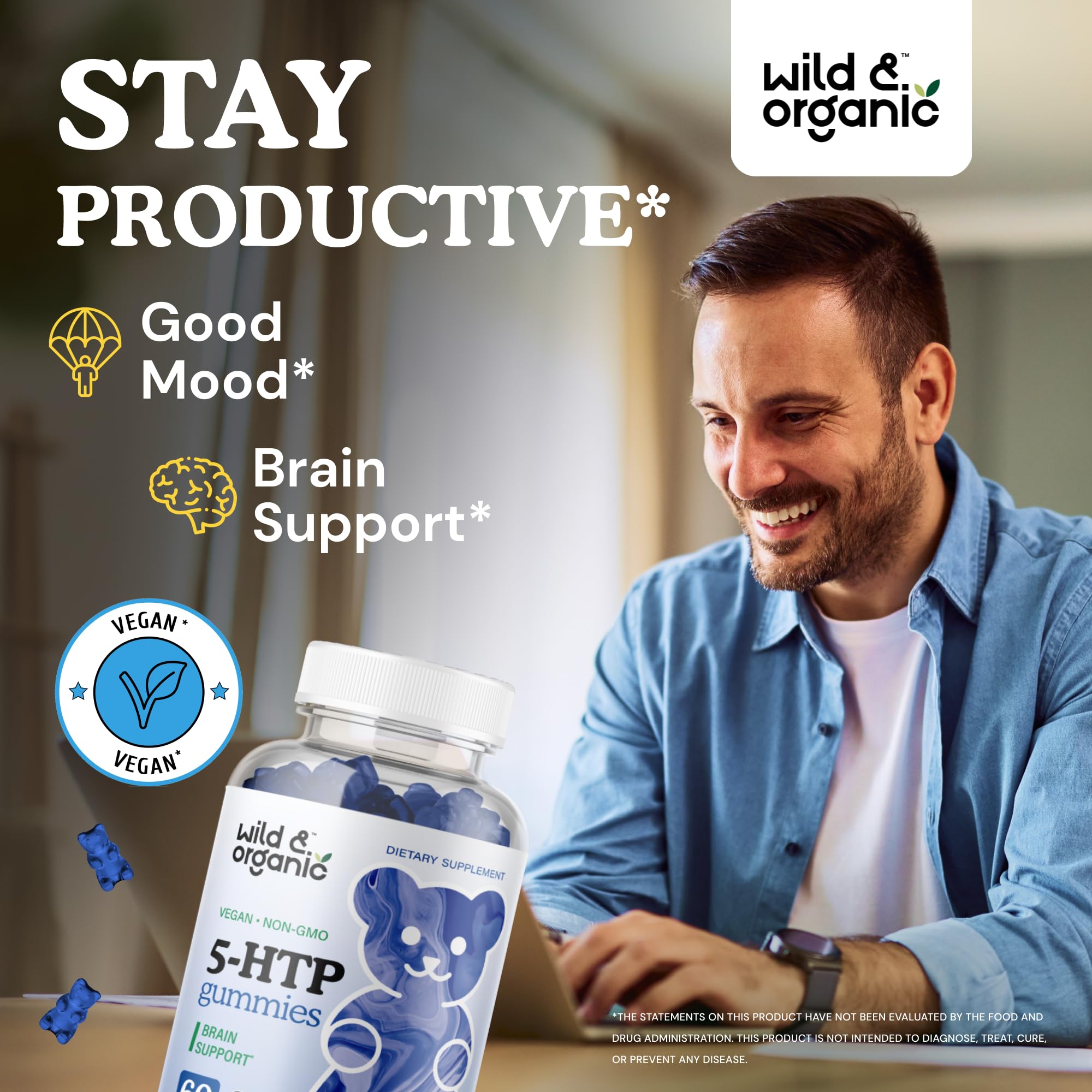 Wild & Organic 5-HTP Mood Gummies - 200mg L-Tryptophan | Vegan, Non-GMO, 60 Gummies