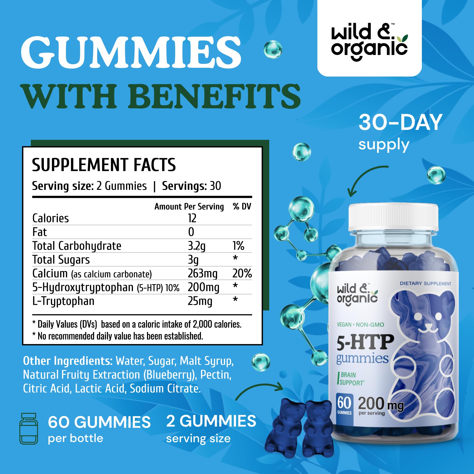 Wild & Organic 5-HTP Mood Gummies - 200mg L-Tryptophan | Vegan, Non-GMO, 60 Gummies