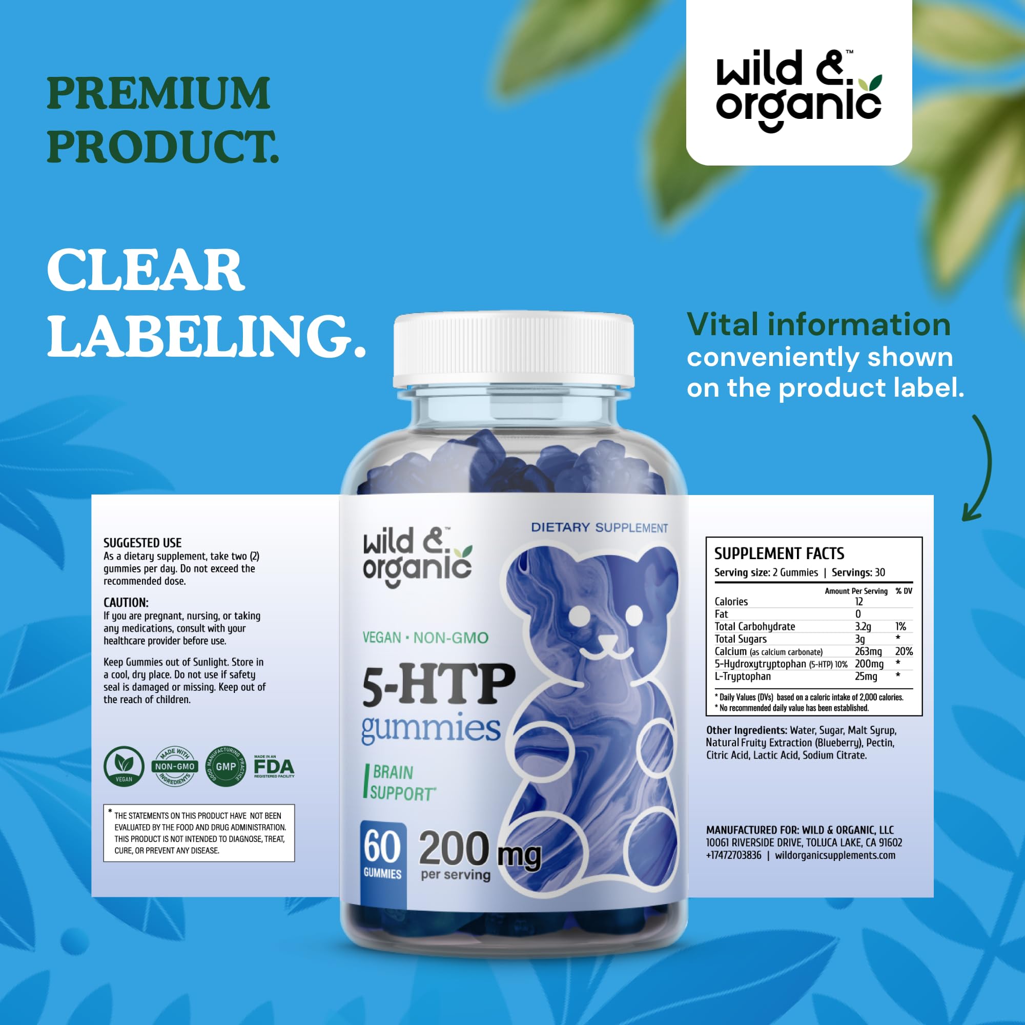Wild & Organic 5-HTP Mood Gummies - 200mg L-Tryptophan | Vegan, Non-GMO, 60 Gummies
