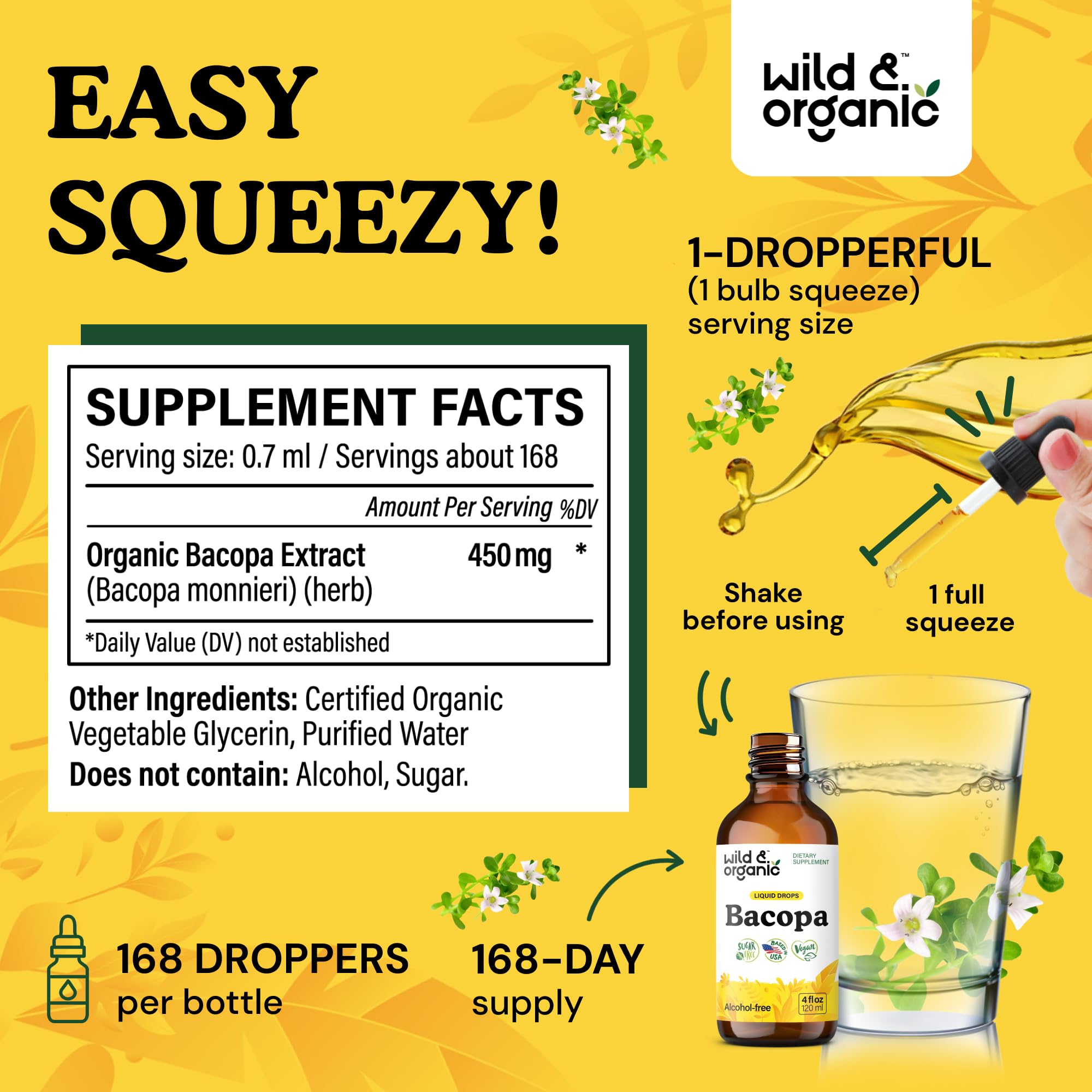 Wild & Organic Bacopa Liquid Drops – Brain Support Tincture, 4 fl oz, 5-Month Supply, Vegan, Sugar & Alcohol-Free