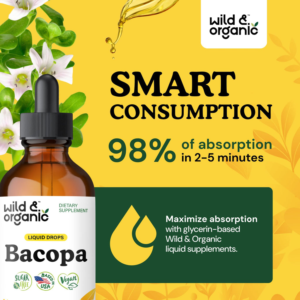 Wild & Organic Bacopa Liquid Drops – Brain Support Tincture, 4 fl oz, 5-Month Supply, Vegan, Sugar & Alcohol-Free
