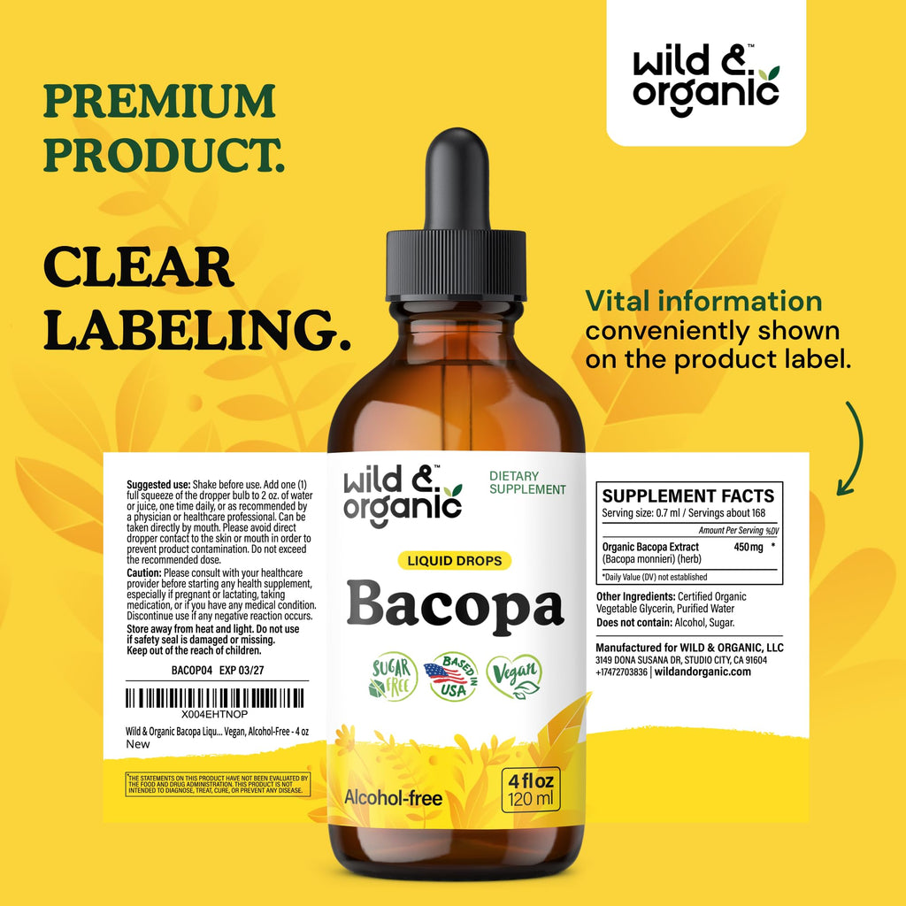 Wild & Organic Bacopa Liquid Drops – Brain Support Tincture, 4 fl oz, 5-Month Supply, Vegan, Sugar & Alcohol-Free