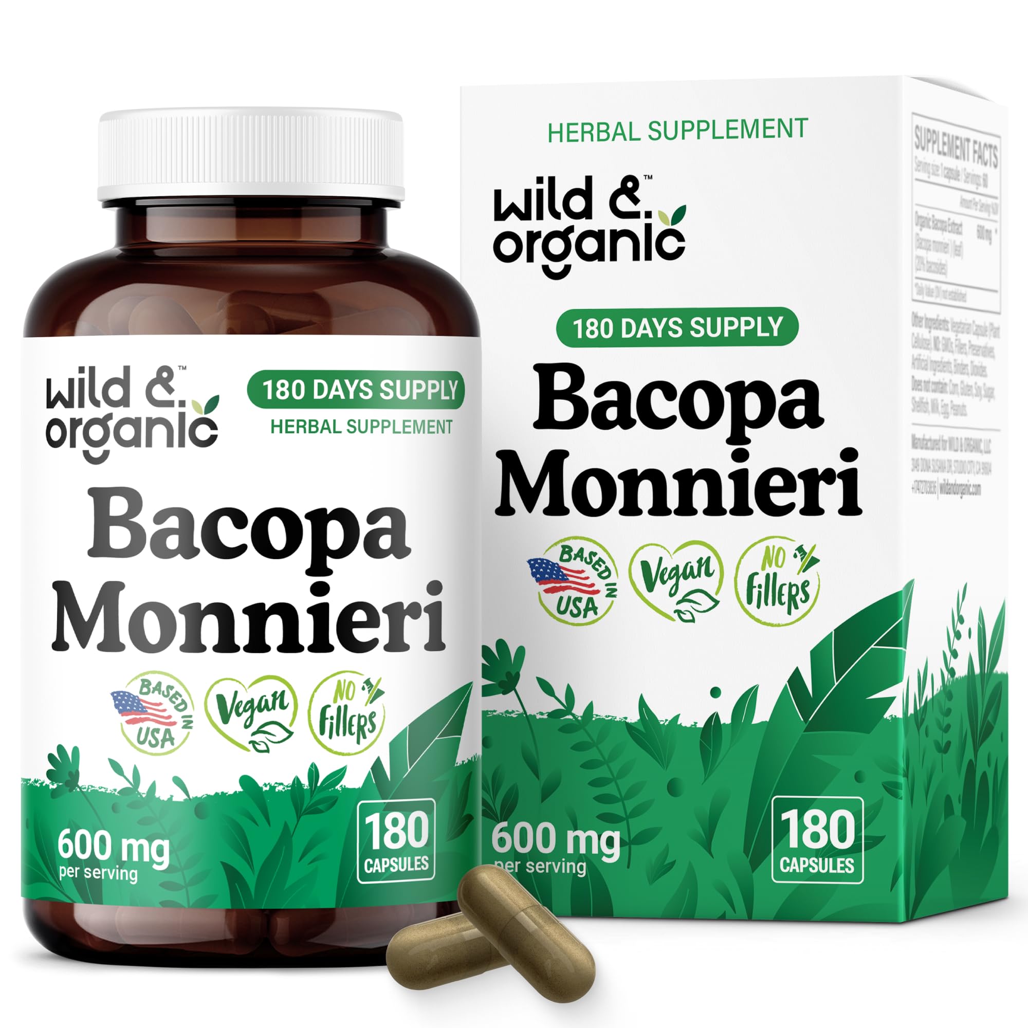 Wild & Organic Bacopa Monnieri 600 mg Capsules | Brain Support - Vegan, Non-GMO - 180 Count