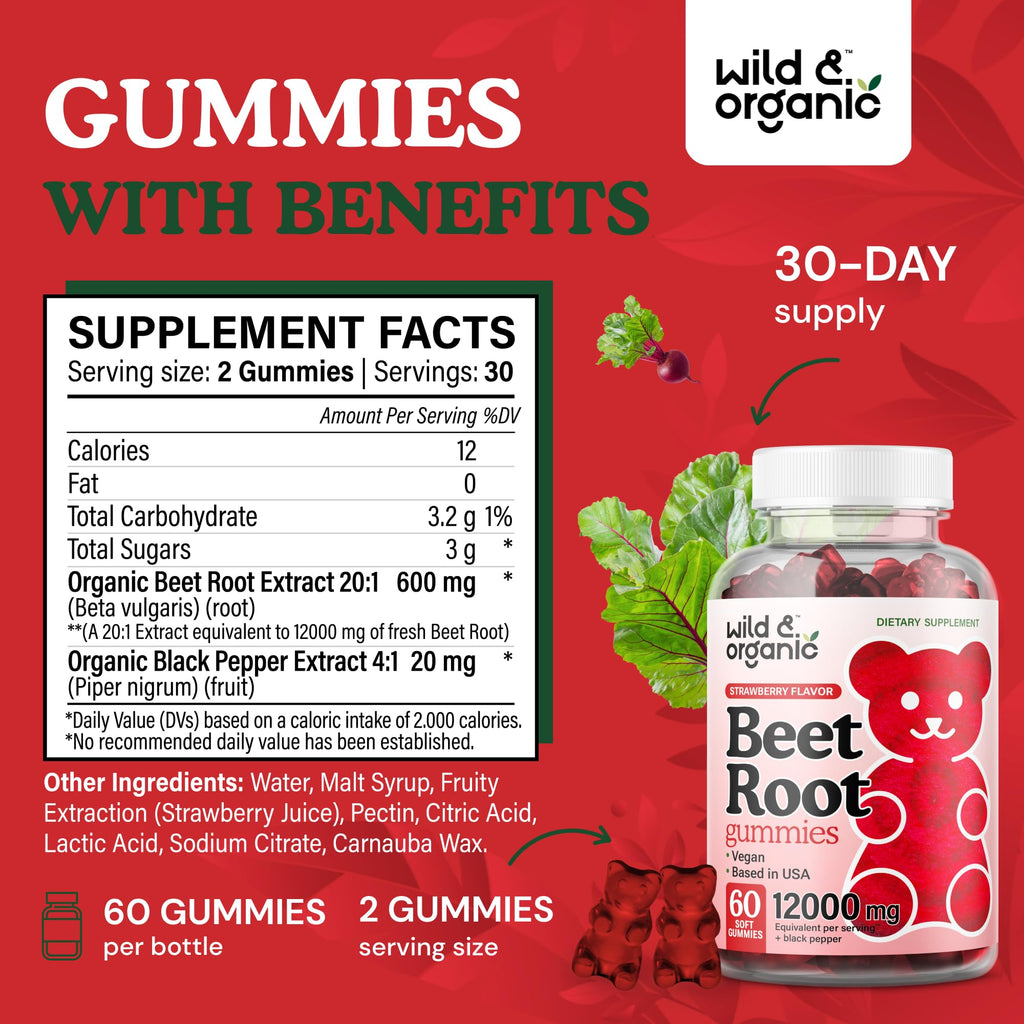 Wild & Organic Beet Root Gummies 12000 mg – 60-Count Pectin-Based Chews (Pack of 2)