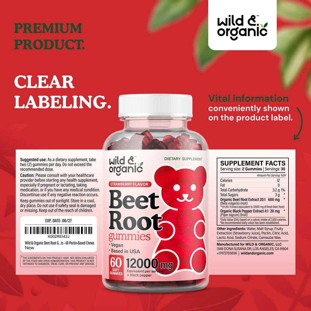 Wild & Organic Beet Root Gummies 12000 mg – 60-Count Pectin-Based Chews (Pack of 2)