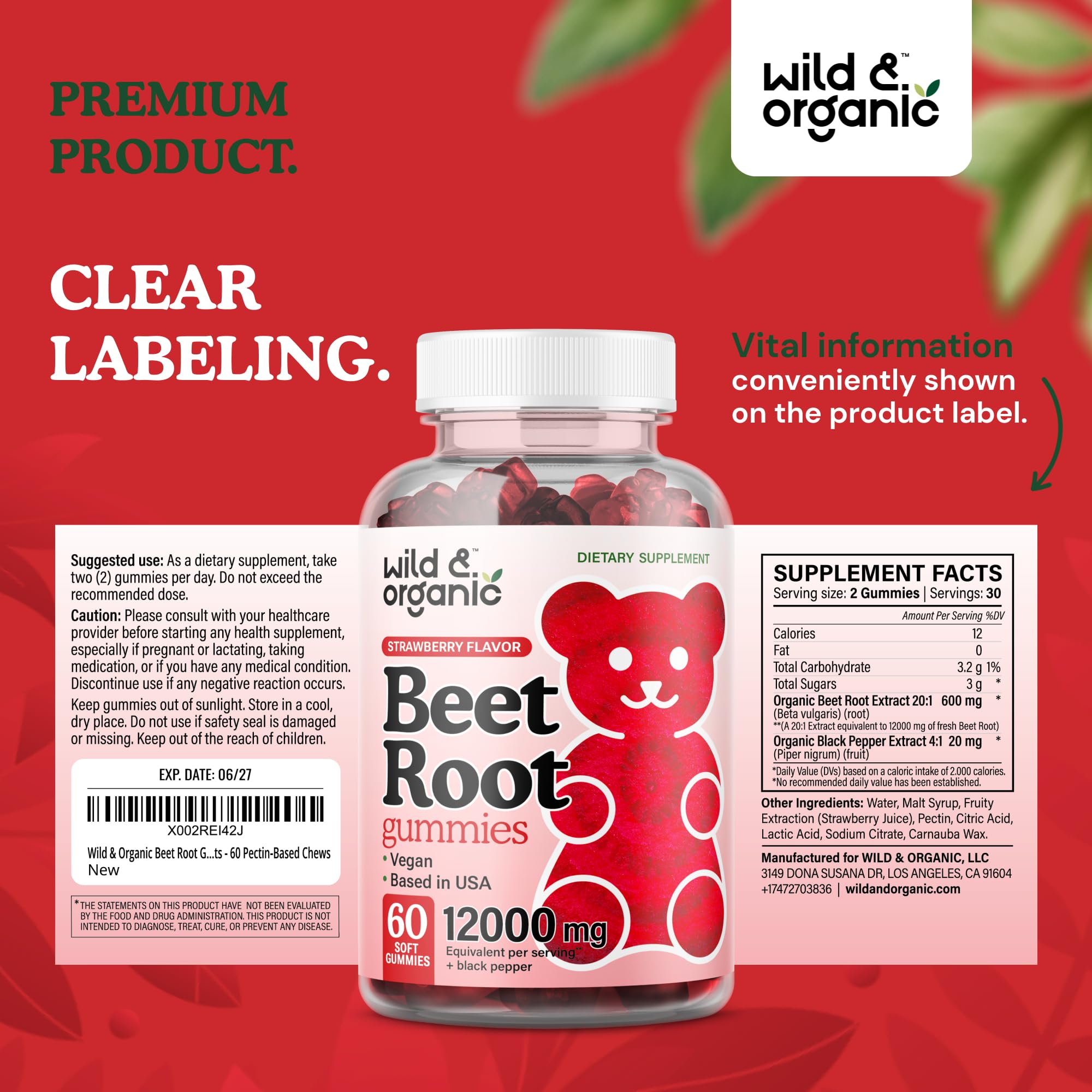 Wild & Organic Beet Root Gummies 12000 mg – 60-Count Pectin-Based Chews (Pack of 2)