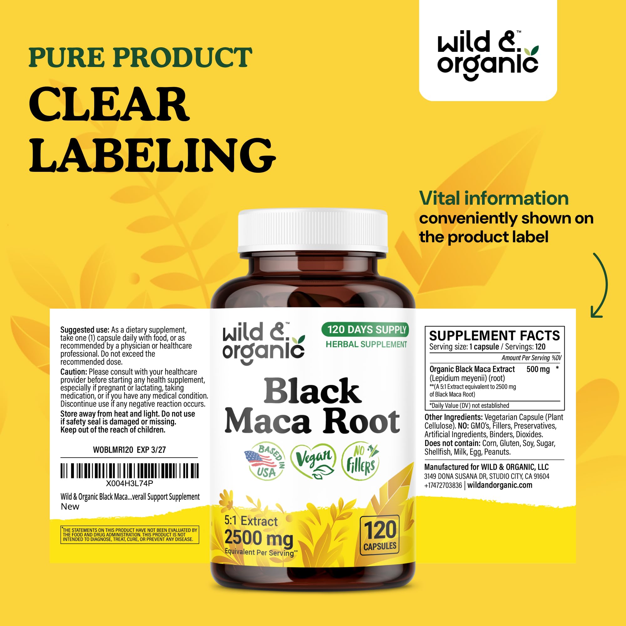 Wild & Organic Black Maca Root Capsules 500 mg – 120 Day Supply – Vegan & Non-GMO