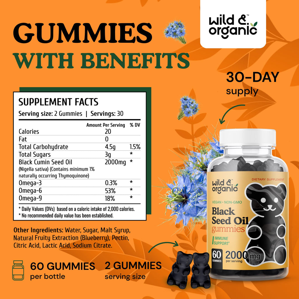 Wild & Organic Black Seed Oil Gummies 2000mg - Hair Skin & Nails Support | Vegan, Pectin-Based