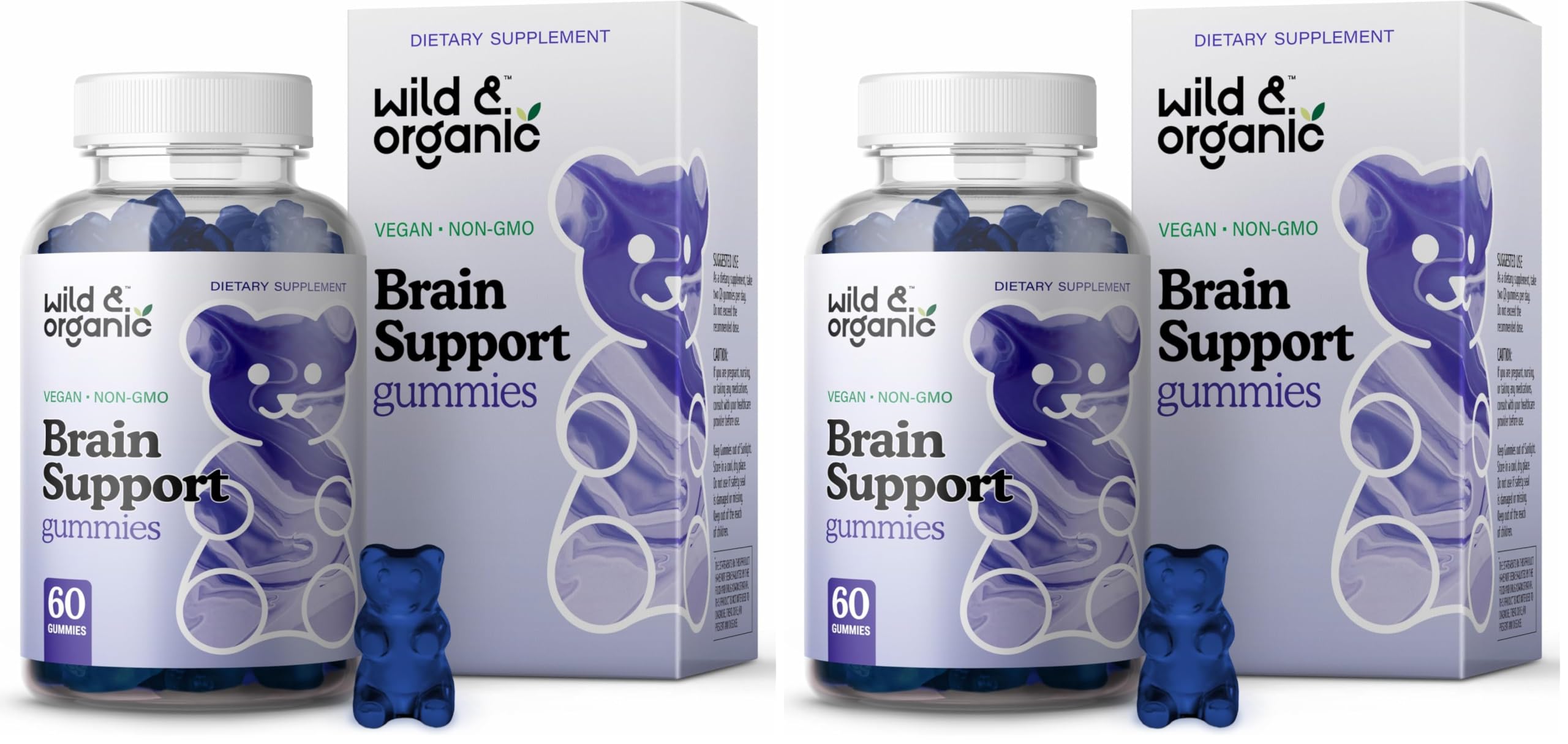 Wild & Organic Brain Support Gummies – Focus & Clarity with Ashwagandha, B12, Ginkgo, Bacopa – Vegan Gummies (Pack of 2) | 60 Gummies