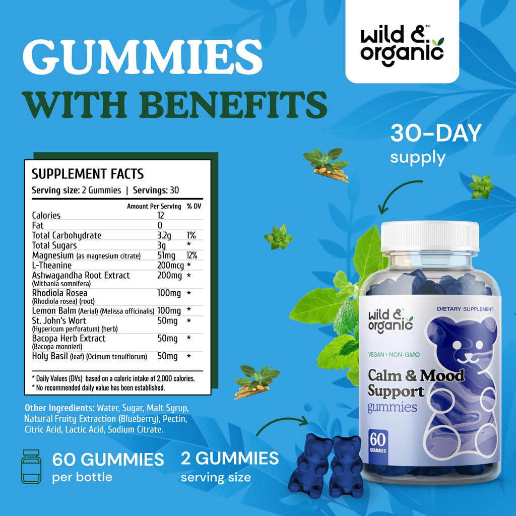 Wild & Organic Calm & Mood Gummies – Ashwagandha + Rhodiola | 60 Count