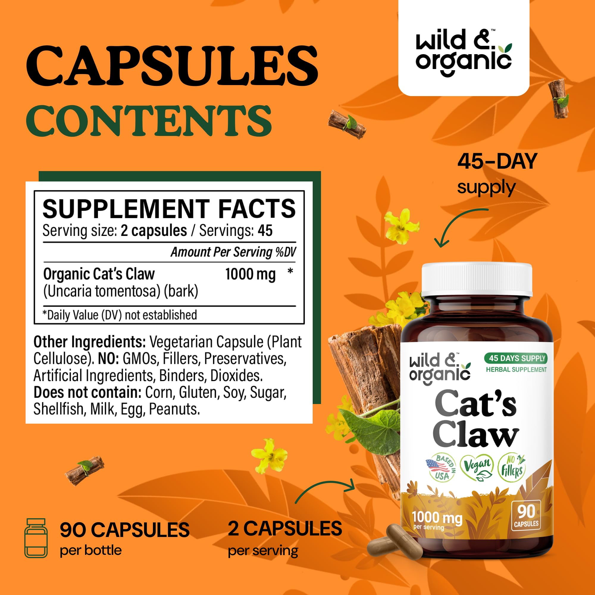 Wild & Organic Cat's Claw 1000 mg - Immune Support - Vegan, Non-GMO | 90 Count