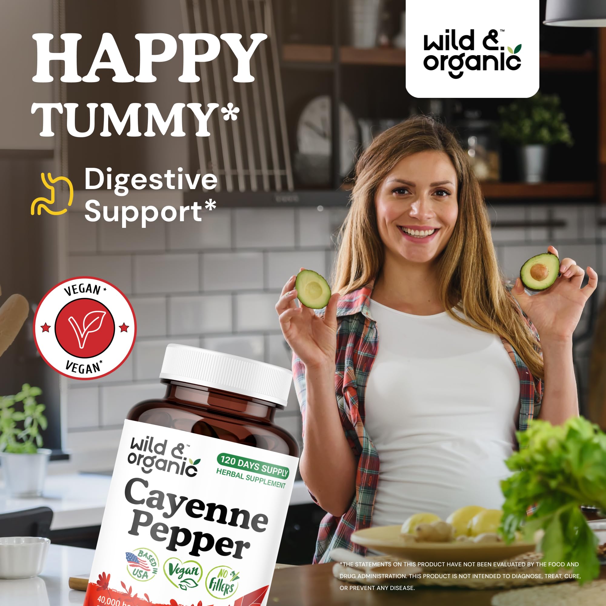 Wild & Organic Cayenne Pepper Capsules 500 mg - Digestive Support - Vegan, Non-GMO