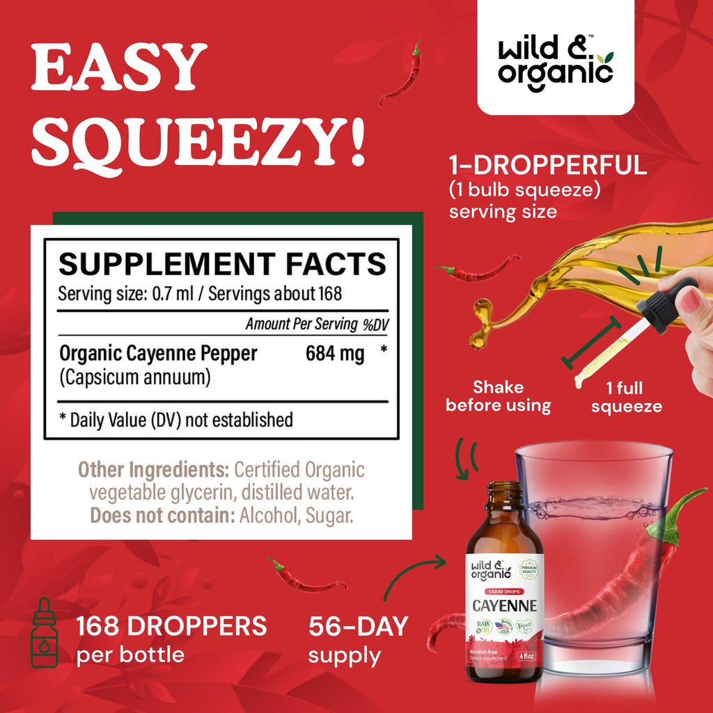 Wild & Organic Cayenne Pepper Tincture - Digestive Support, 4 oz x 2 - Vegan, Alcohol-Free