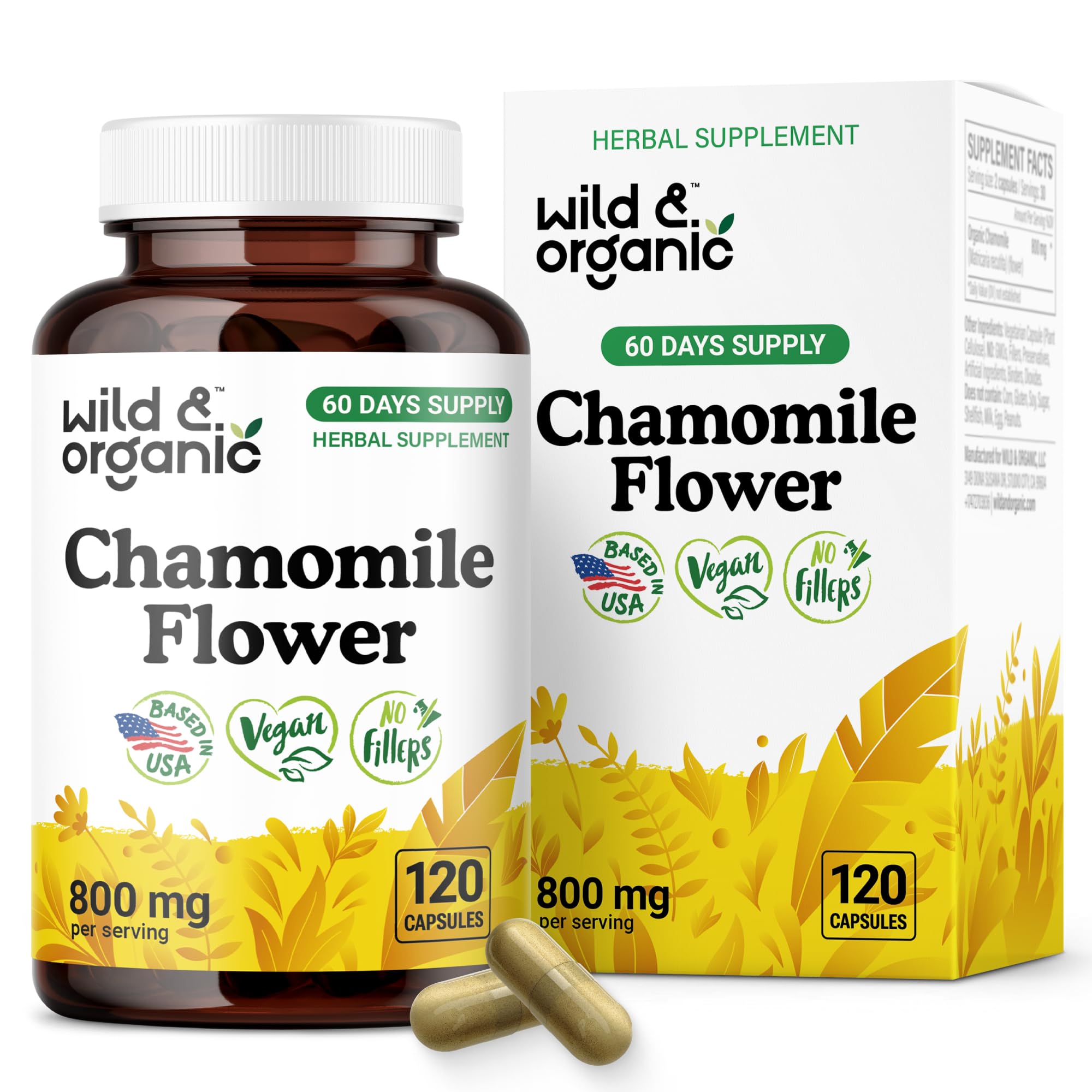 Chamomile Extract Capsules 800 mg - Wild & Organic - Relaxation & Digestive Support - Vegan, Non-GMO - 120 Count