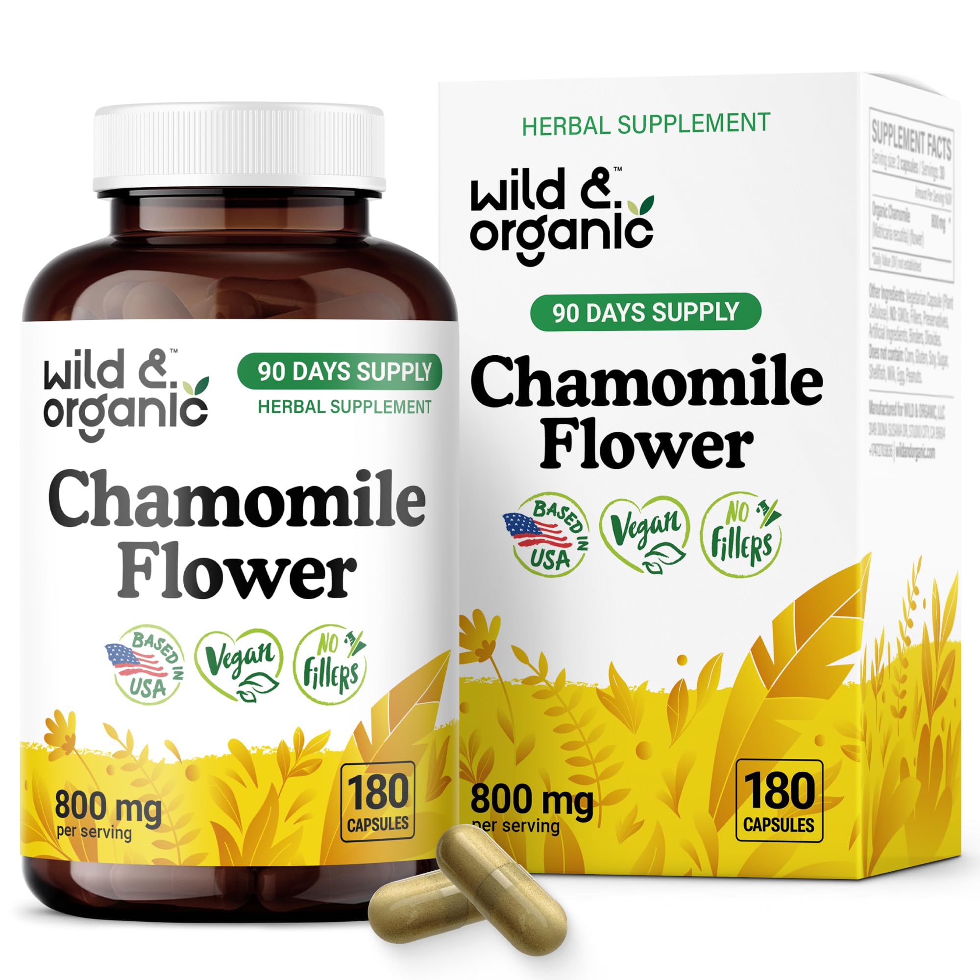 Wild & Organic Chamomile Extract Capsules 800 mg - 180 Count | Relaxation & Digestive Support