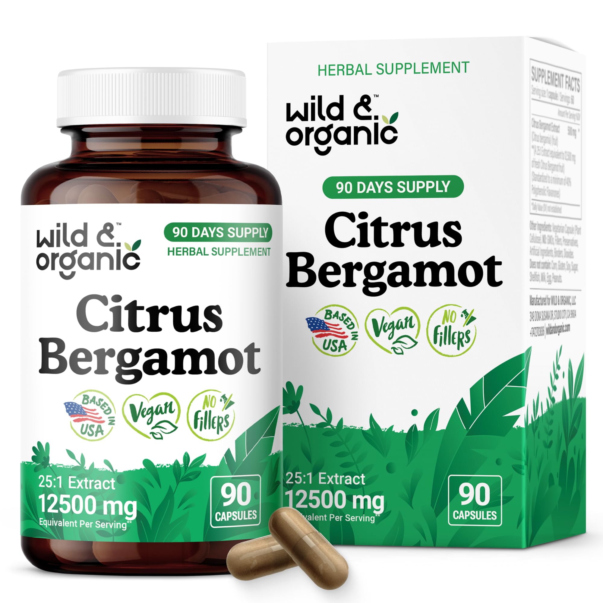 Wild & Organic Citrus Bergamot Capsules 500 mg – Antioxidant & Overall Support | Vegan, Non-GMO | 90 Count