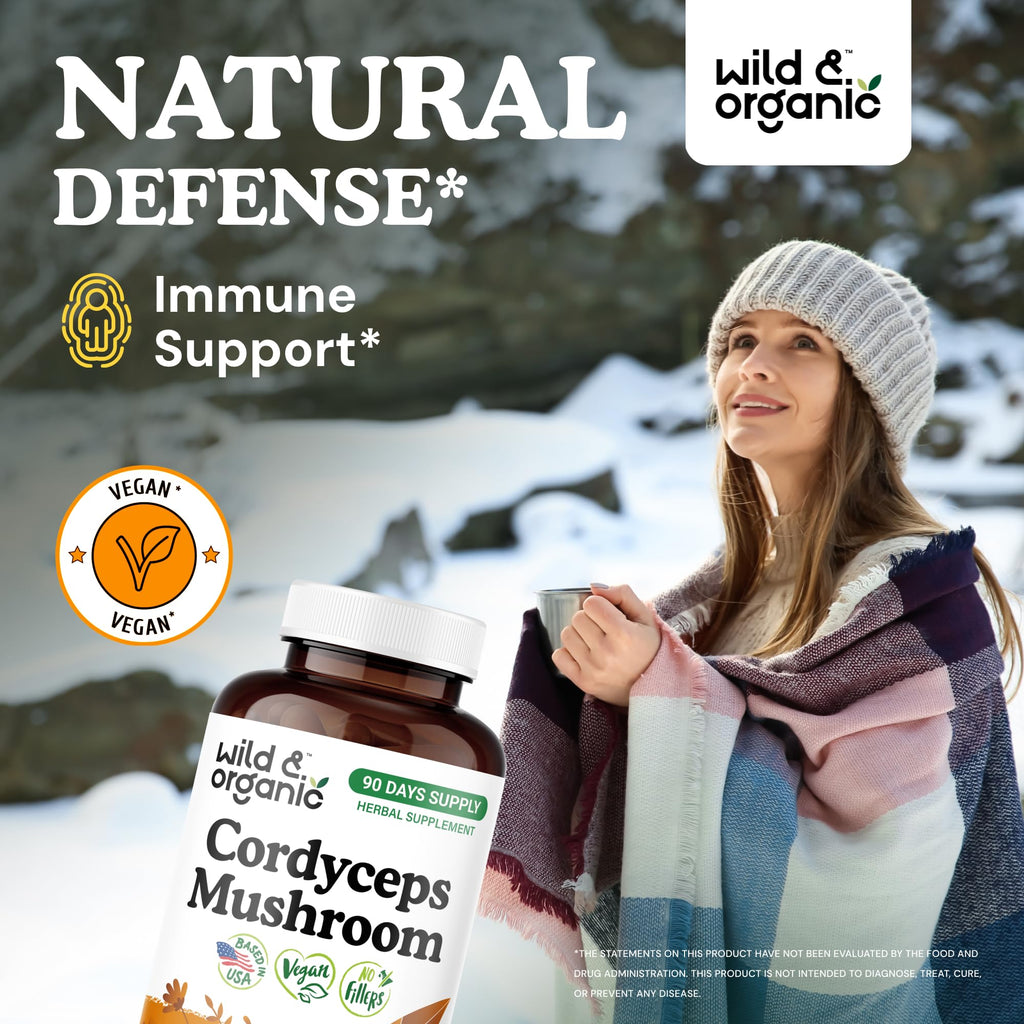 Wild & Organic Cordyceps Capsules 1200 mg – Immune Support, Pure Mycelium Extract, Vegan, Non-GMO | 180 Count