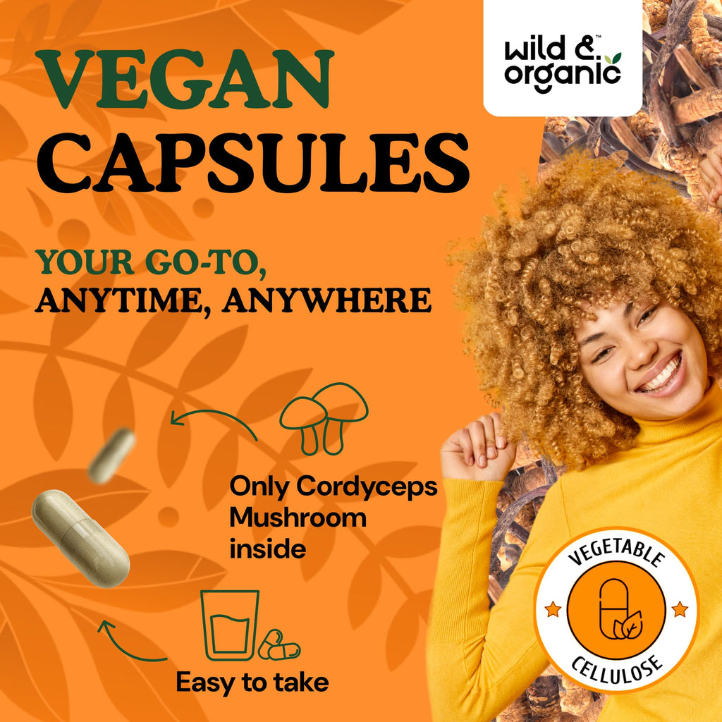 Wild & Organic Cordyceps Capsules 1200 mg – Immune Support, Pure Mycelium Extract, Vegan, Non-GMO | 180 Count