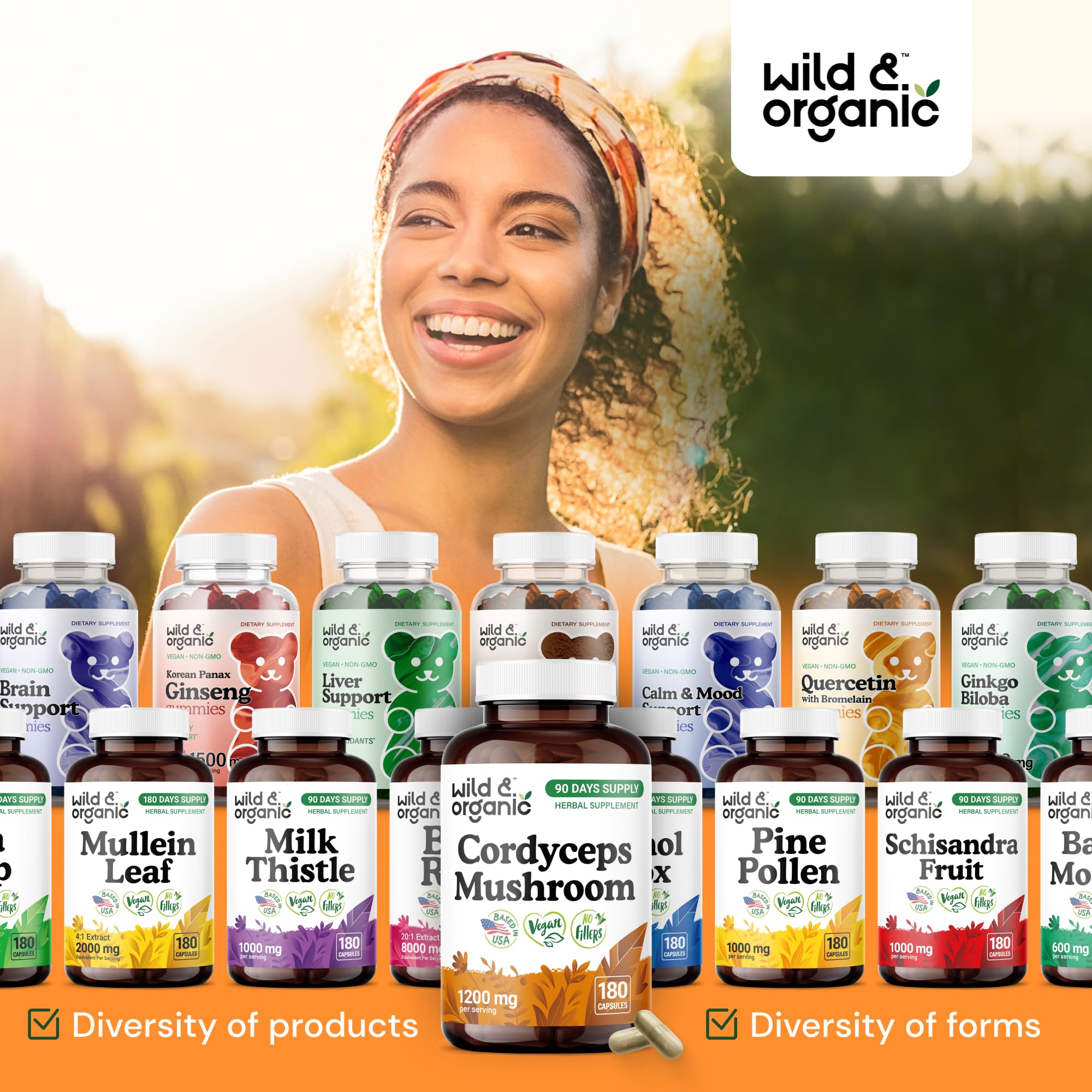 Wild & Organic Cordyceps Capsules 1200 mg – Immune Support, Pure Mycelium Extract, Vegan, Non-GMO | 180 Count