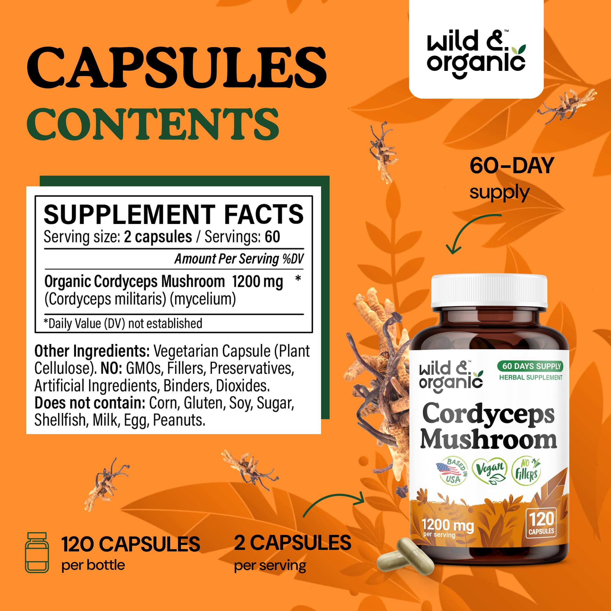 Wild & Organic Cordyceps 1200 mg Capsules – Immune Support, Vegan, 120 Count