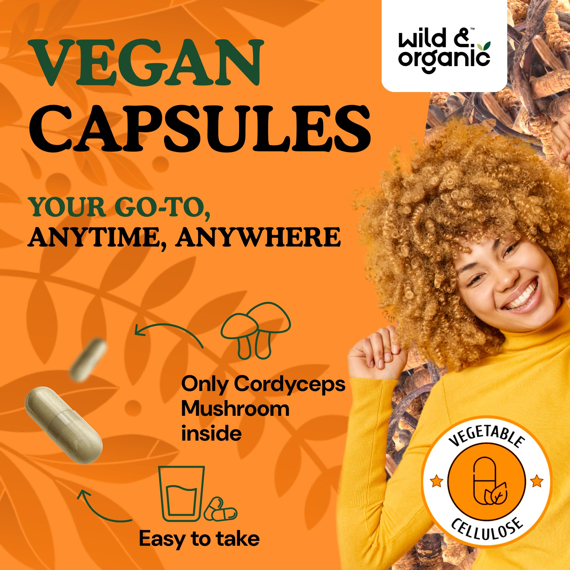 Wild & Organic Cordyceps 1200 mg Capsules – Immune Support, Vegan, 120 Count