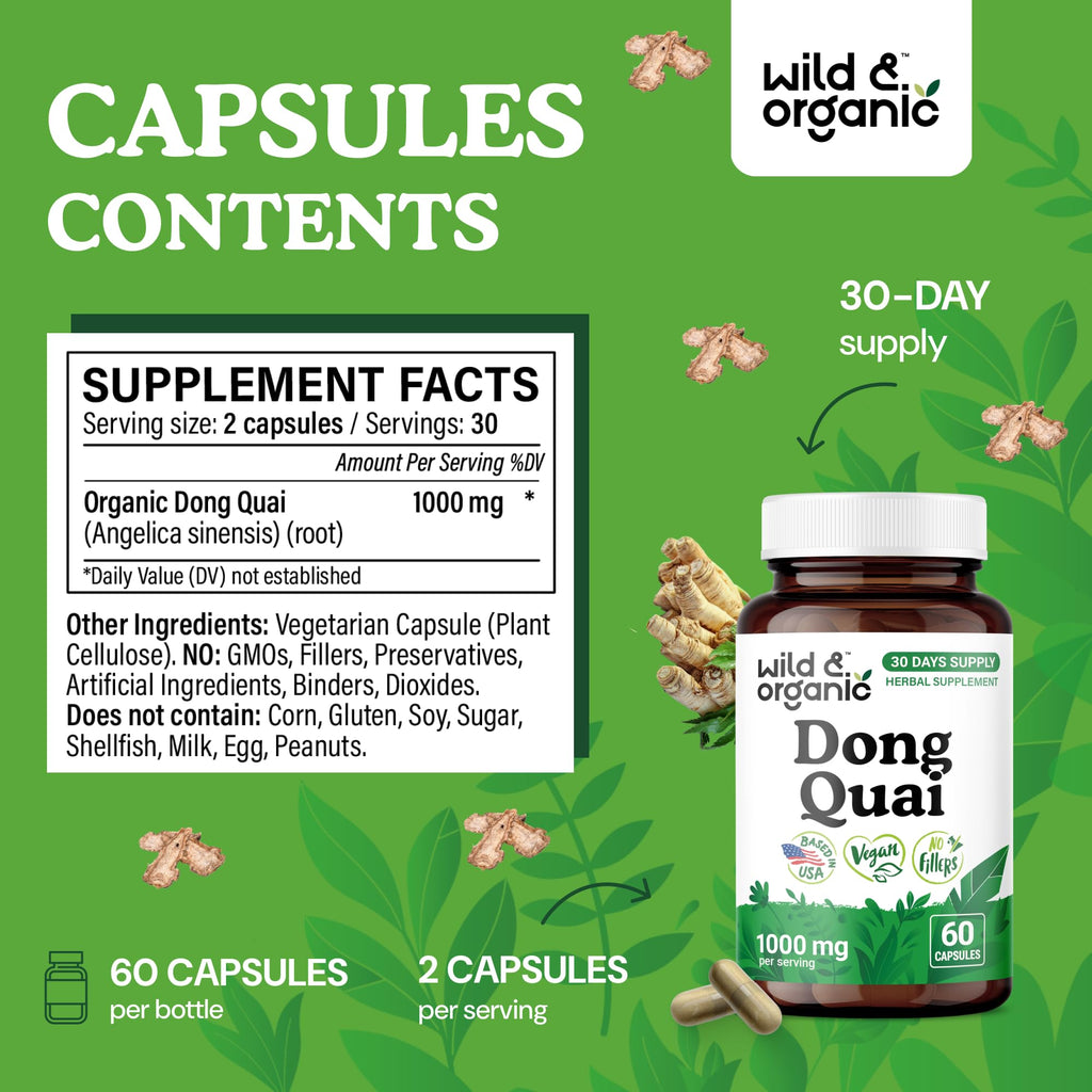 Wild & Organic Dong Quai Capsules for Women - 1000 mg, 60 Count, Vegan