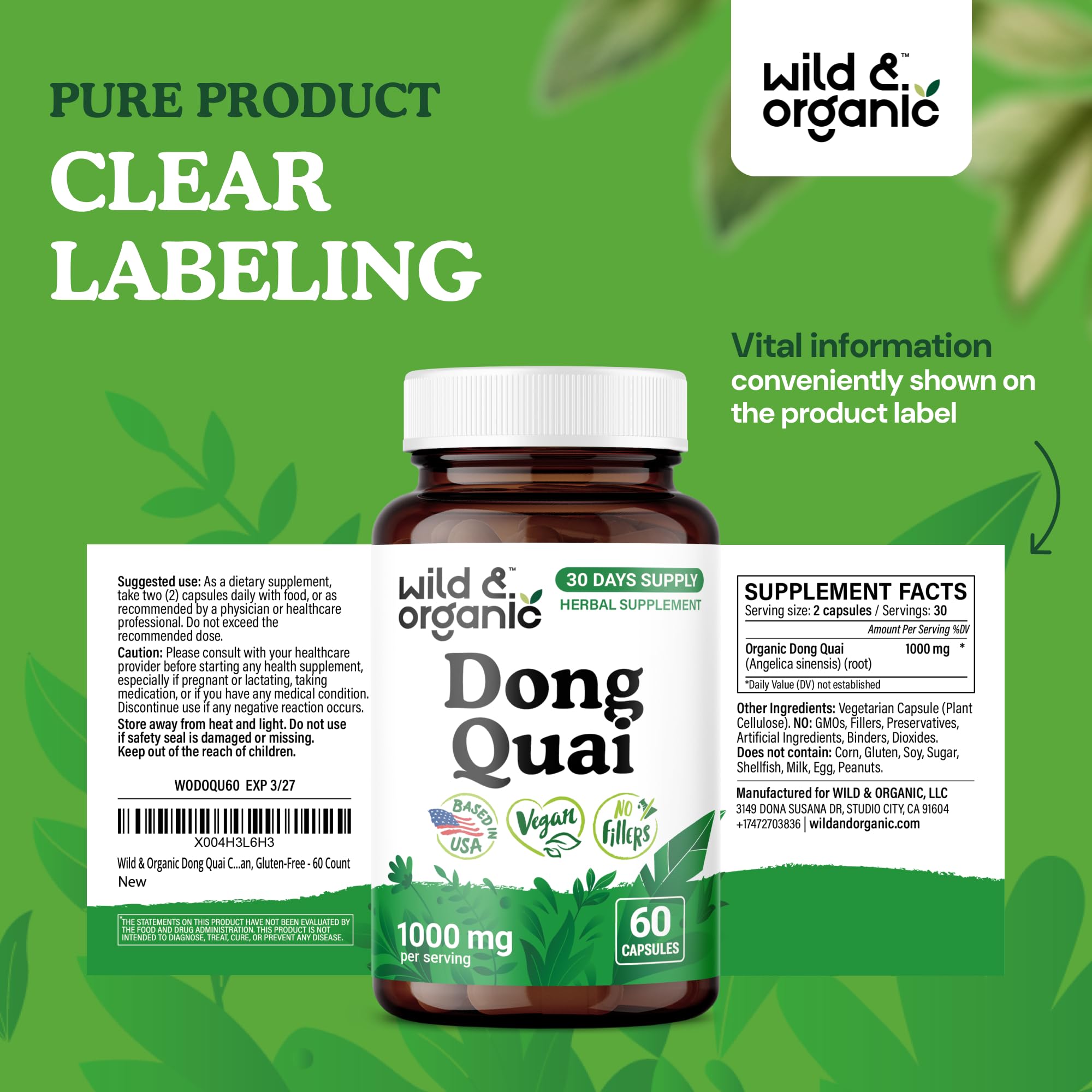 Wild & Organic Dong Quai Capsules for Women - 1000 mg, 60 Count, Vegan