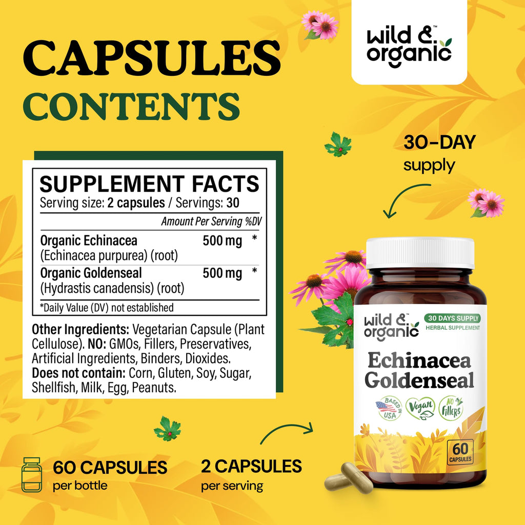 Wild & Organic Echinacea + Goldenseal Capsules – Immune & Lung Support | 60 Count