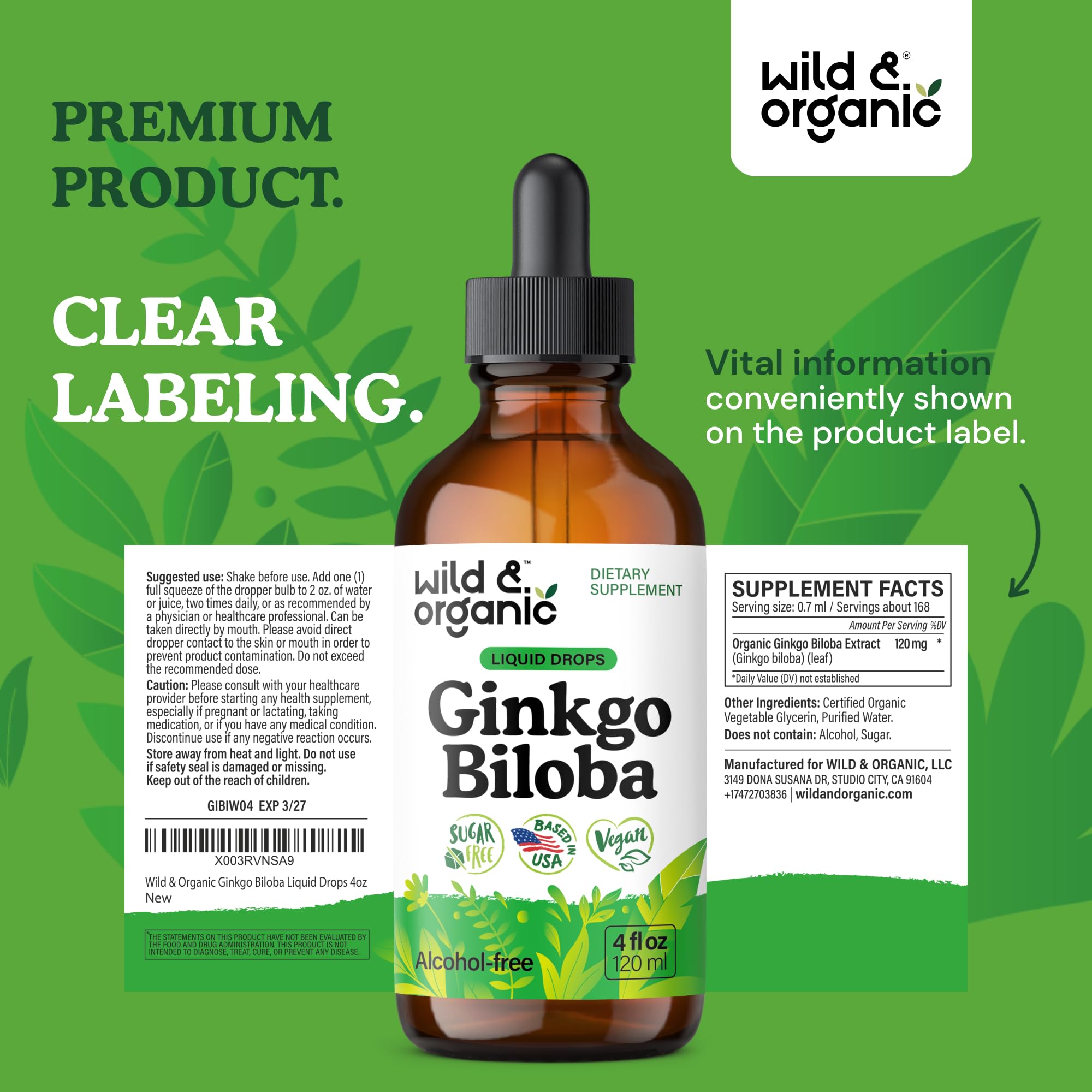 Wild & Organic Ginkgo Biloba Drops – Brain & Focus Support | 4 fl oz | Vegan, Alcohol-Free