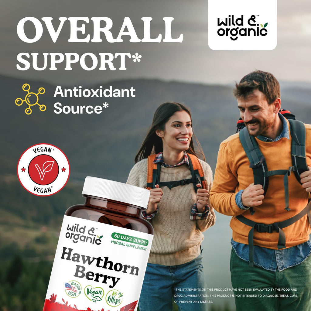 Wild & Organic Hawthorn Berry Capsules 1200 mg - 60-Day Vegan, Non-GMO | 120 Count