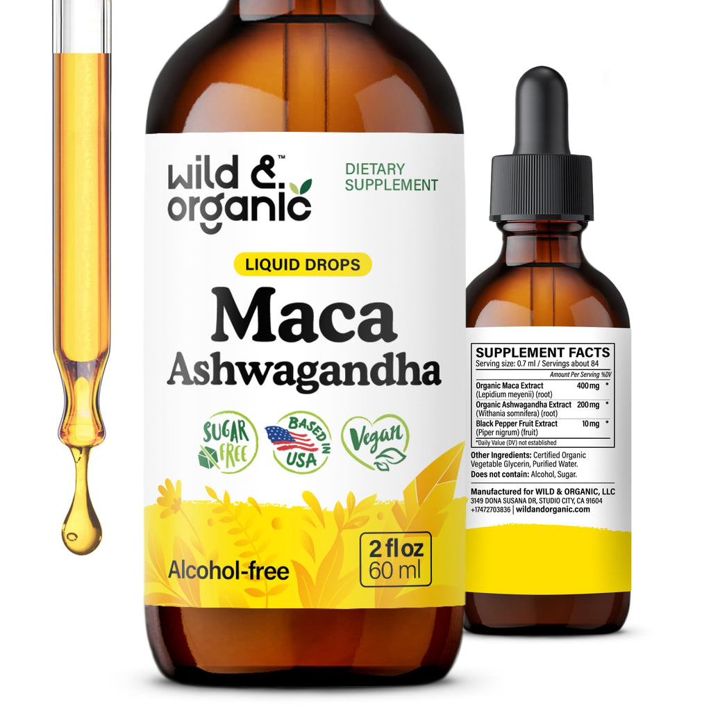 Wild & Organic Maca Ashwagandha Drops for Men and Women - Peruvian Maca Root & Ashwagandha Tincture - 2 fl oz