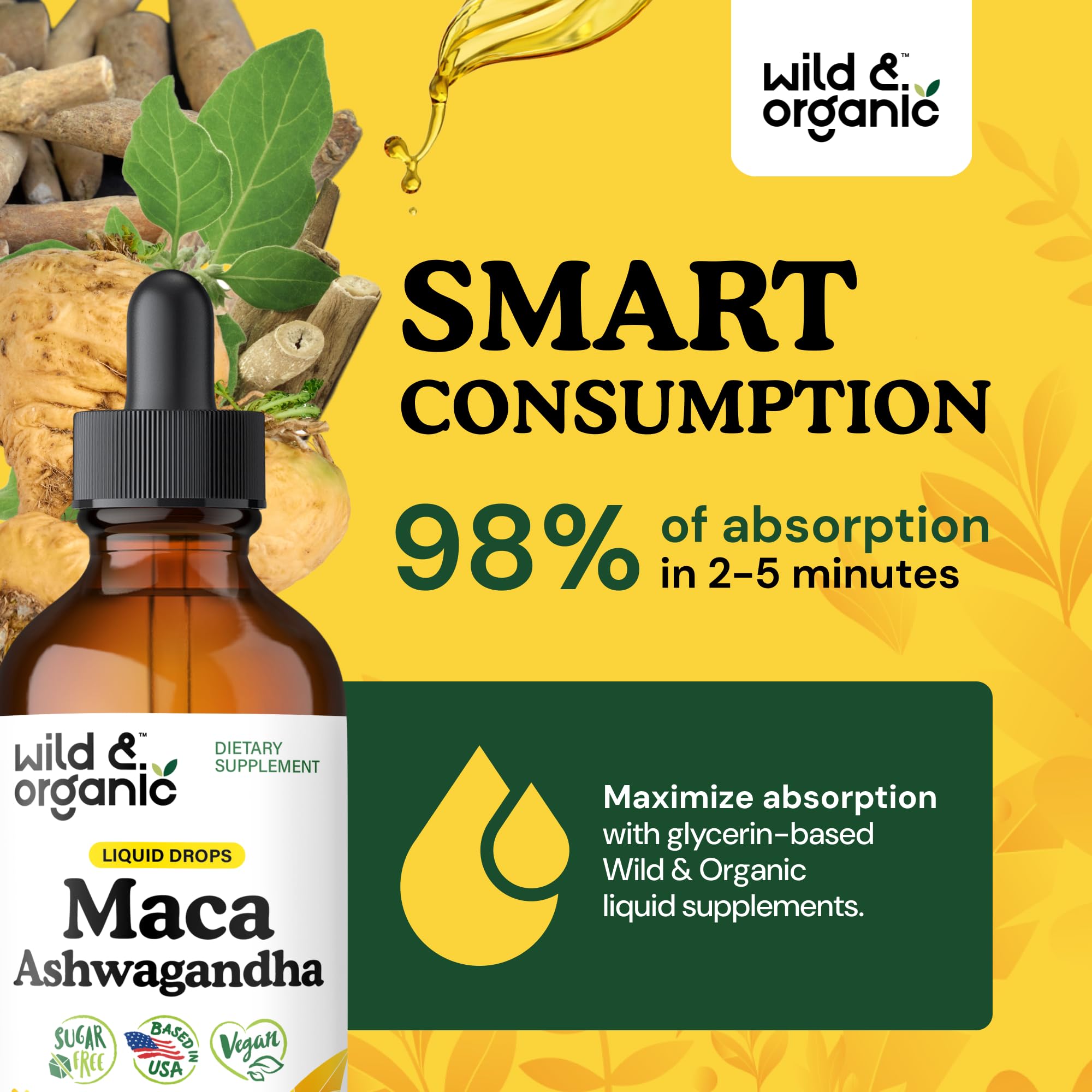 Wild & Organic Maca Root Ashwagandha Drops - 4 fl oz | Vegan, Sugar & Alcohol-Free Tincture for Men & Women