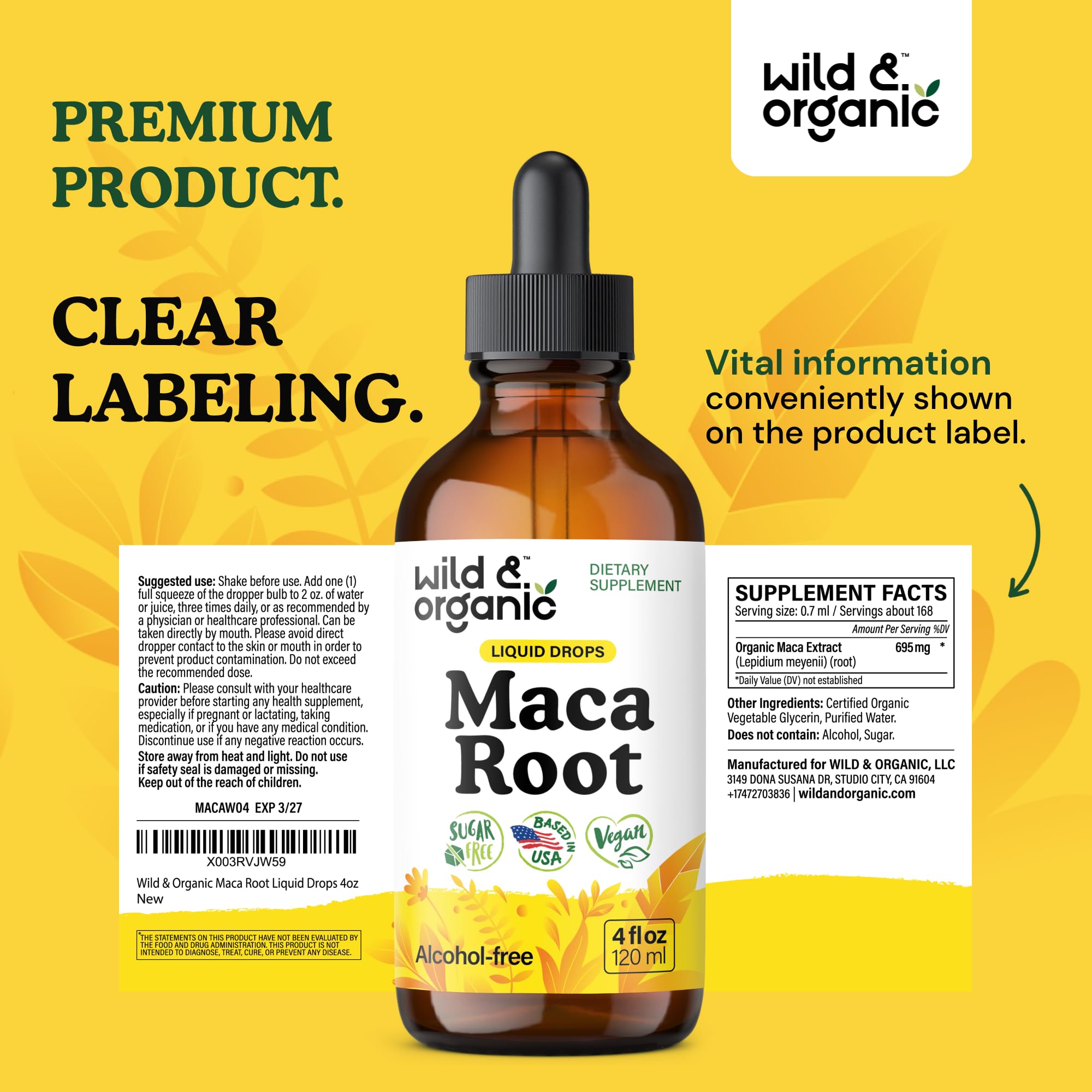 Wild & Organic Maca Root Liquid Drops – Peruvian Maca Tincture, 4 fl oz