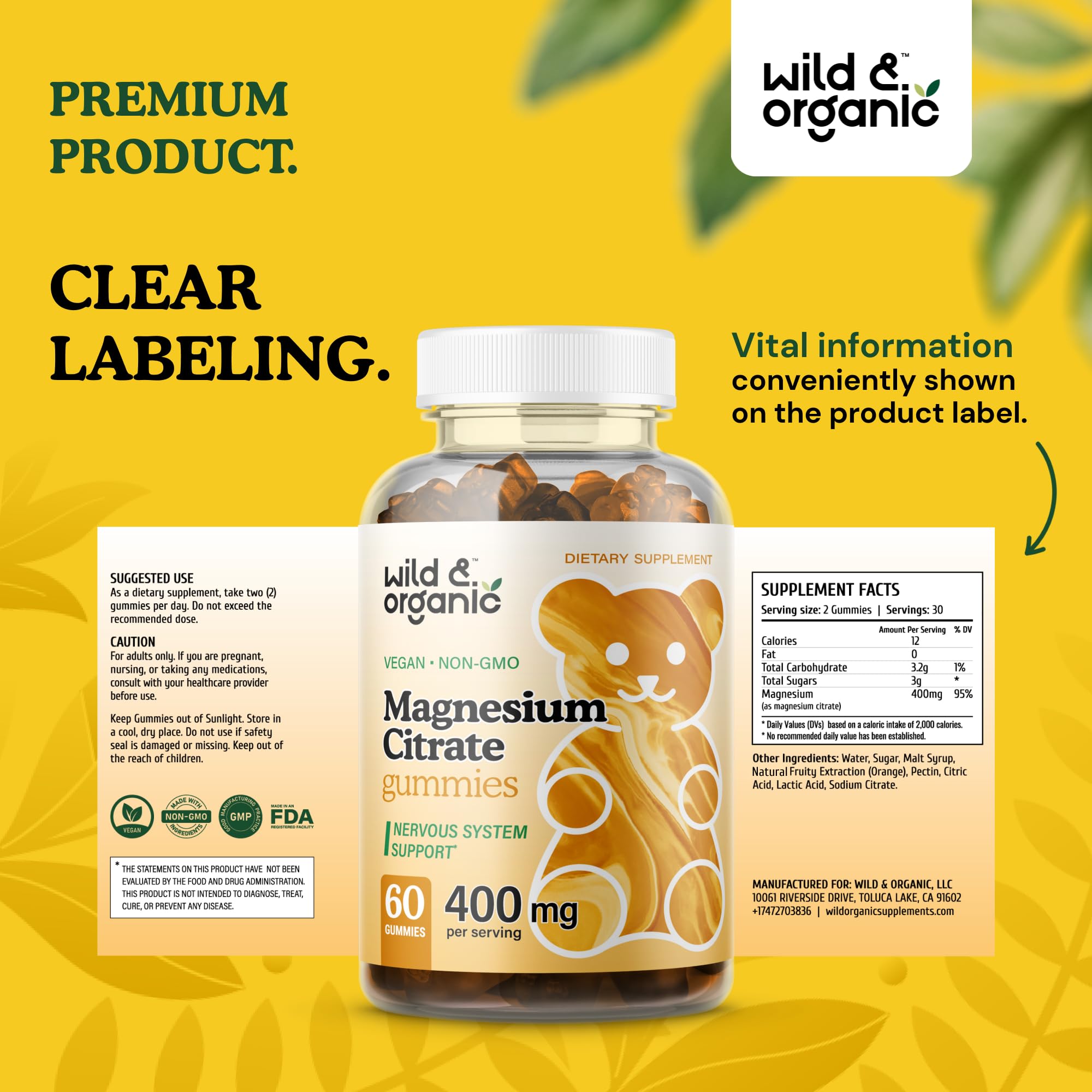 Wild & Organic Magnesium Citrate Gummies 400 mg | Mood & Calm Support (Pack of 2)