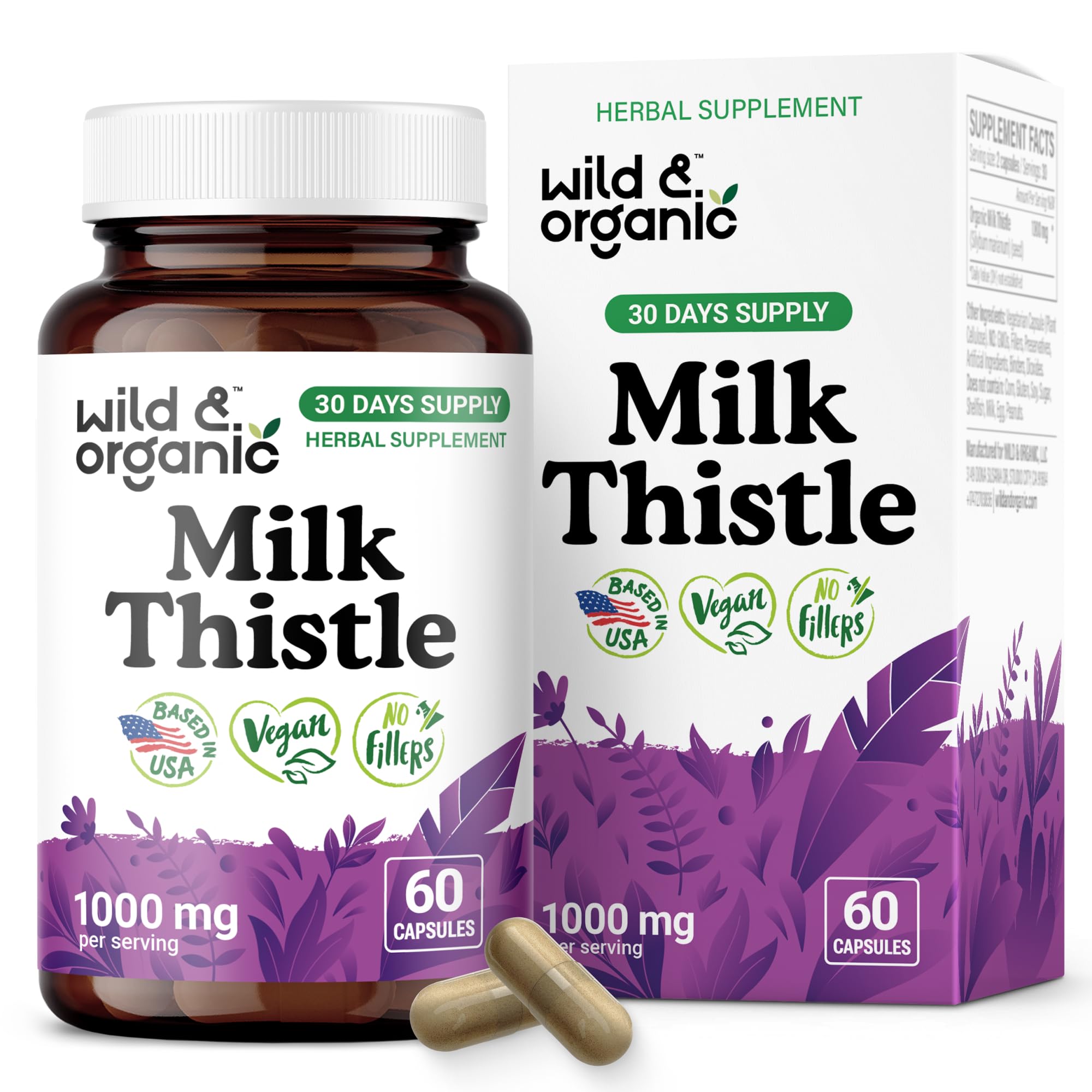 Wild & Organic Milk Thistle 1000mg Capsules - Liver Support, 60 Vegan Capsules