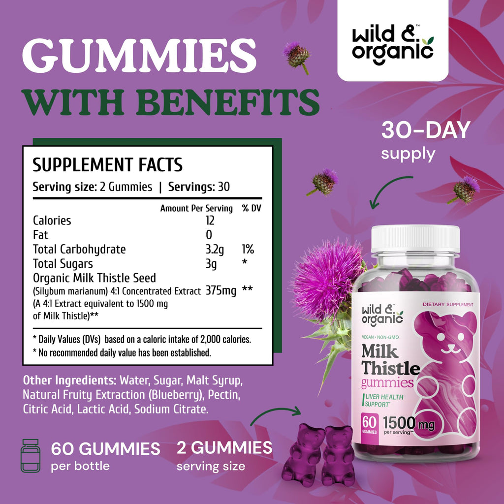 Wild & Organic Milk Thistle Gummies – Liver Detox 1500mg | 60 Vegan Chews (Pack of 2)