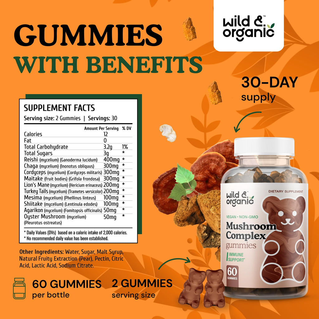 Wild & Organic Mushroom Gummies – 10-Mushroom Complex, Immune & Brain Support (60 Count Pack of 2)