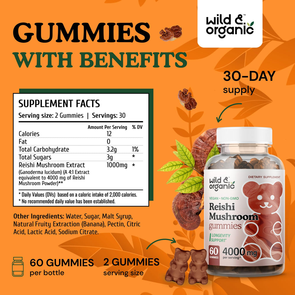 Wild & Organic Reishi Gummies 1000 mg | Ganoderma Lucidum Extract | Immune Support - 60 Vegan Chews