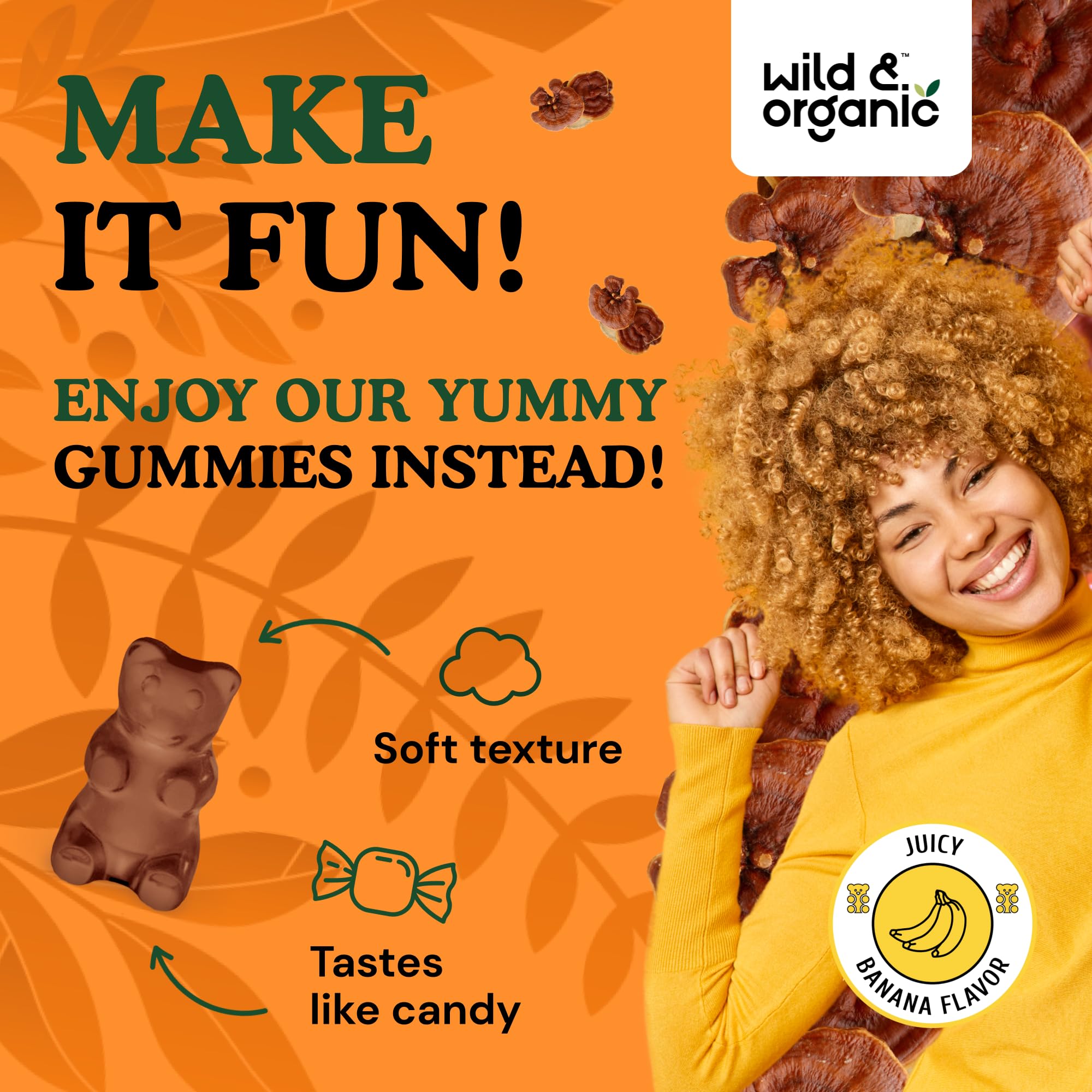 Wild & Organic Reishi Gummies 1000 mg | Ganoderma Lucidum Extract | Immune Support - 60 Vegan Chews