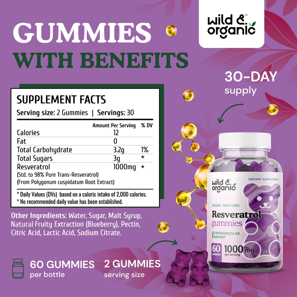 Wild & Organic Resveratrol Gummies 1000mg | Trans-Resveratrol for Antioxidant, Brain & Immune Support (Pack of 2)