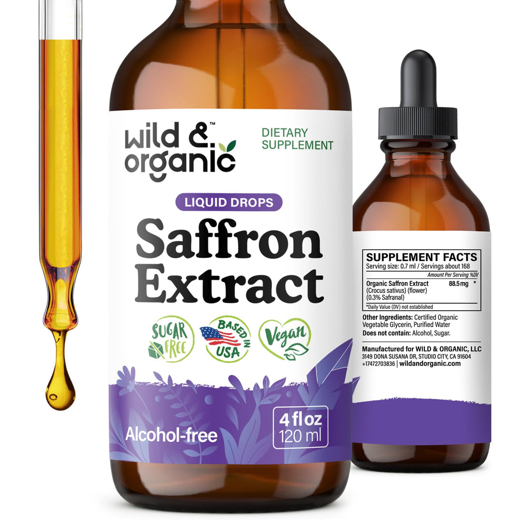 Wild & Organic Saffron Tincture – 88.5 mg per serving (4 oz) – Vegan, Alcohol & Sugar-Free