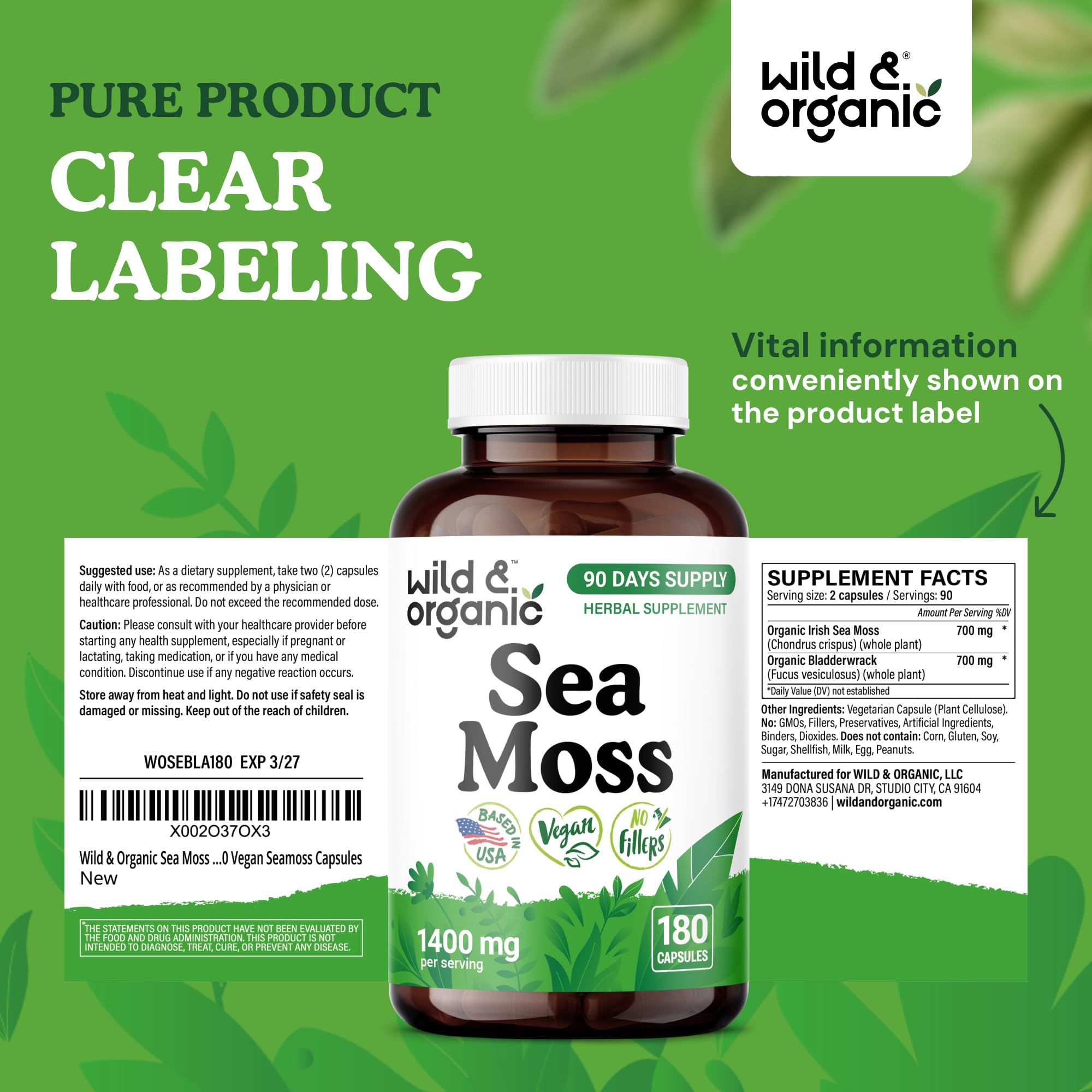 Wild & Organic Sea Moss Capsules - Irish Sea Moss Complex with Bladderwrack & Burdock Root for Overall Well-Being - 180 Vegan Capsules