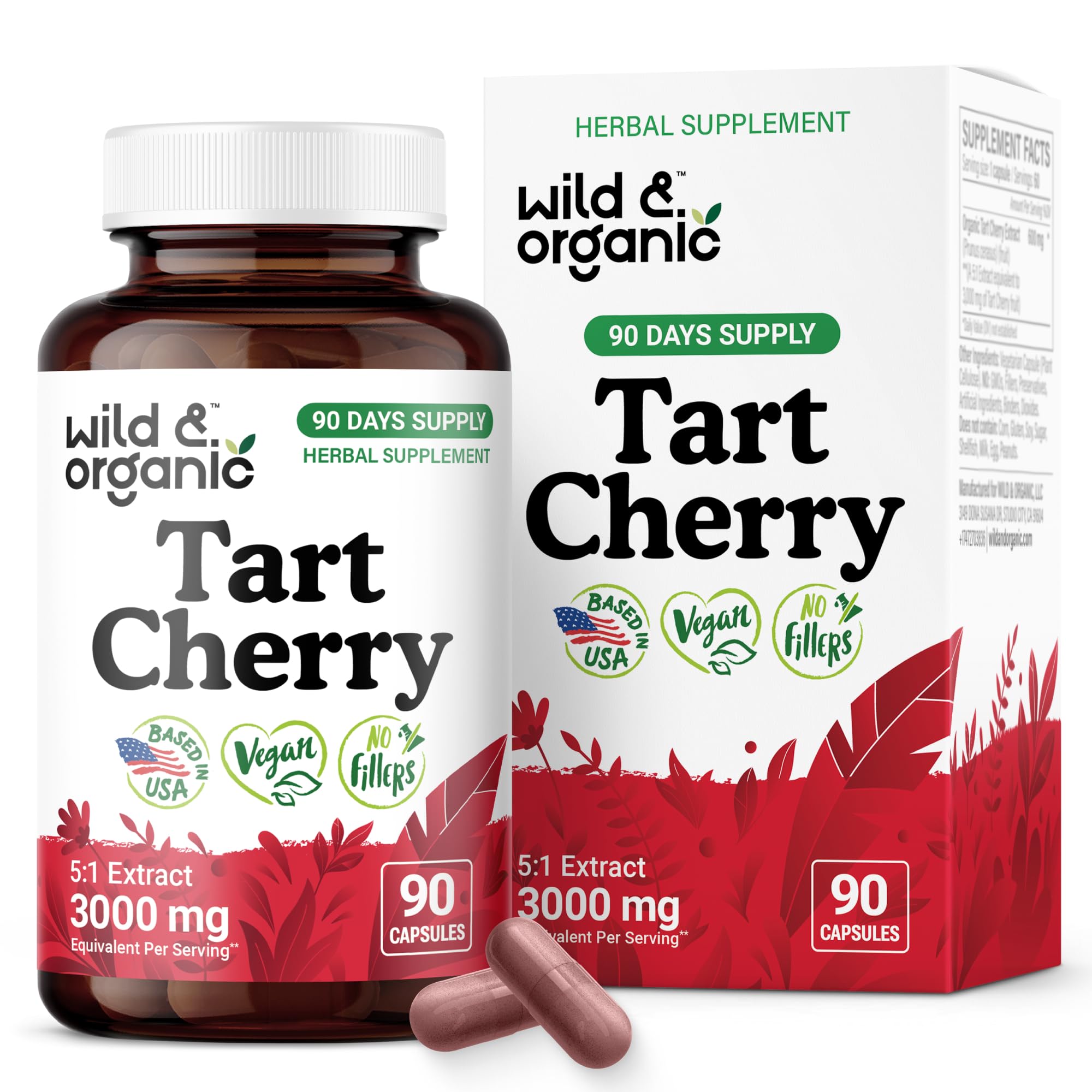 Wild & Organic Tart Cherry Capsules 600 mg – Uric Acid Support – 90 Day Supply – Vegan, Non-GMO